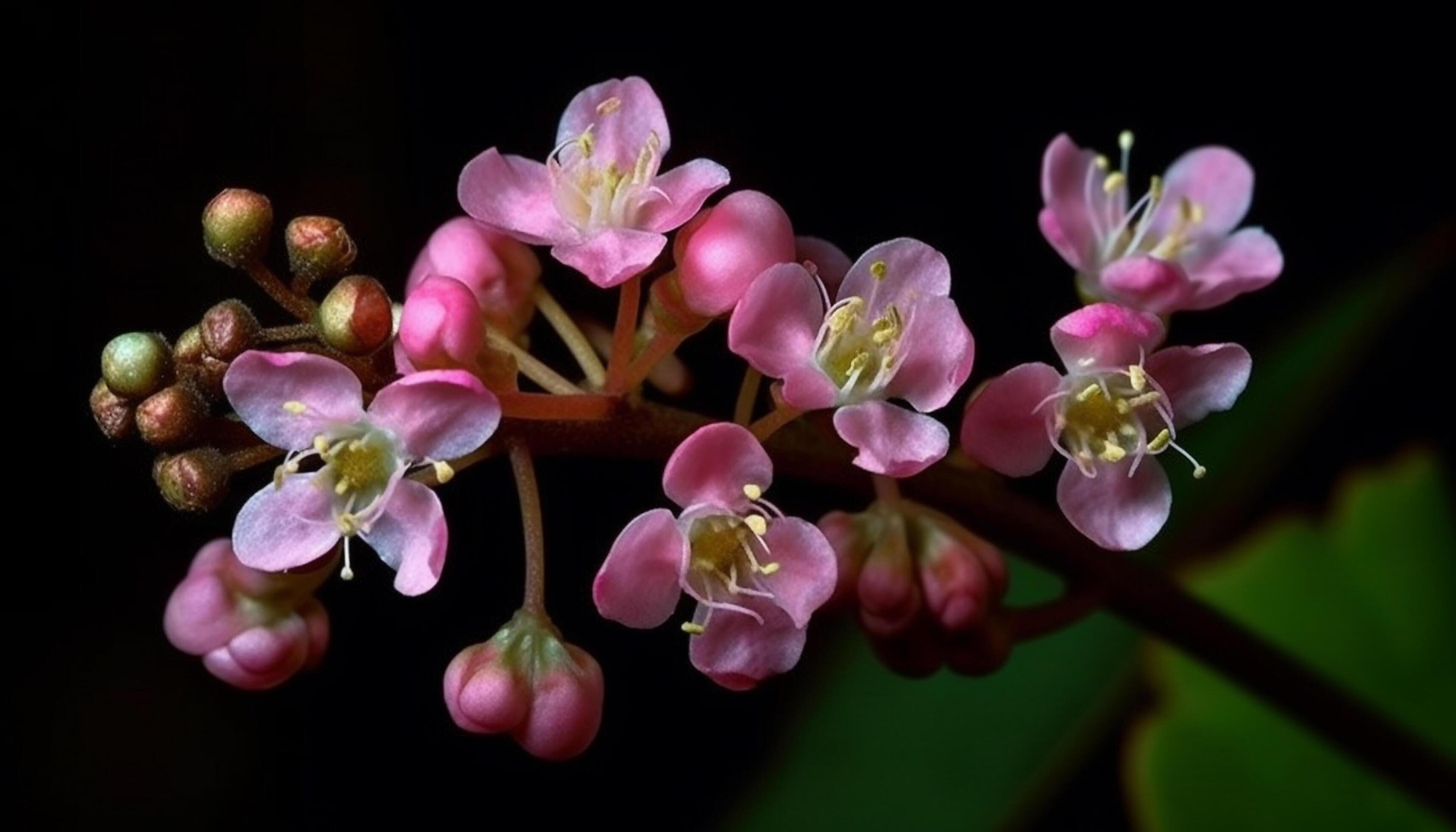 Organic twig with single flower, pink petal and green leaf generated by AI Stock Free