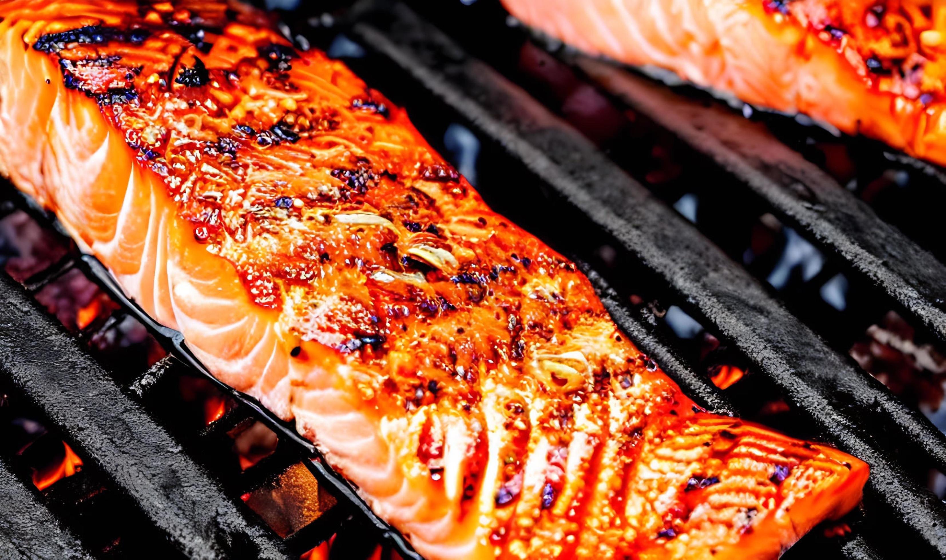 Grilled salmon. Healthy food baked salmon. Hot fish dish. Stock Free