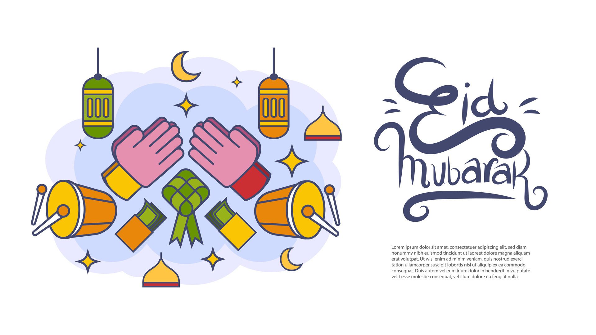 Eid Mubarak banner With Simple Outline Hand Drawn Illustration and Calligraphy Free Vector