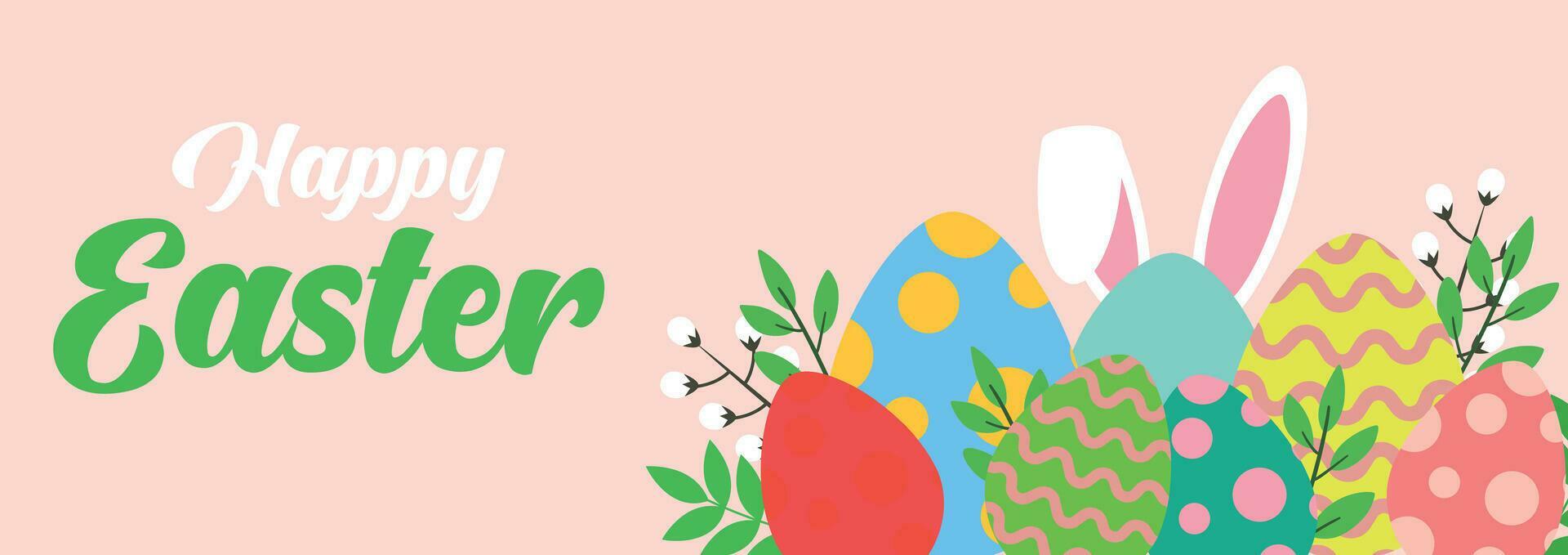 Happy Easter banner. Greeting card, poster or banner with bunny, flowers and Easter egg. Egg hunt poster. Spring background Stock Free and Free SVG