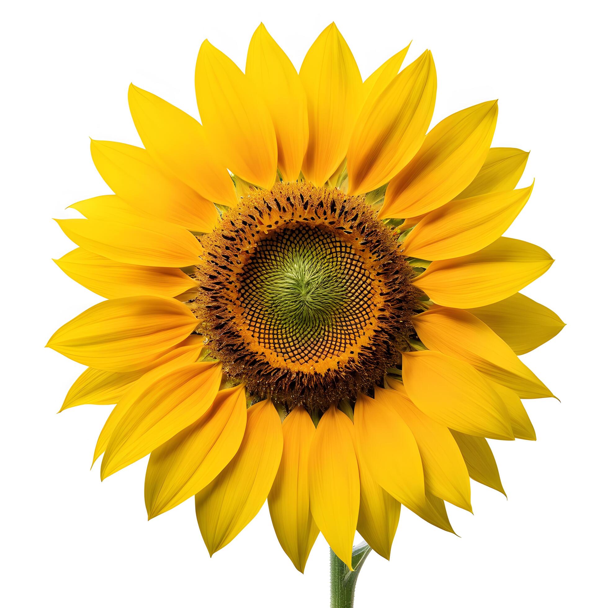 
									Flat lay close up of single sunflower isolated on white background. Seeds and oil. flower object on center composition, Clipping path Stock Free