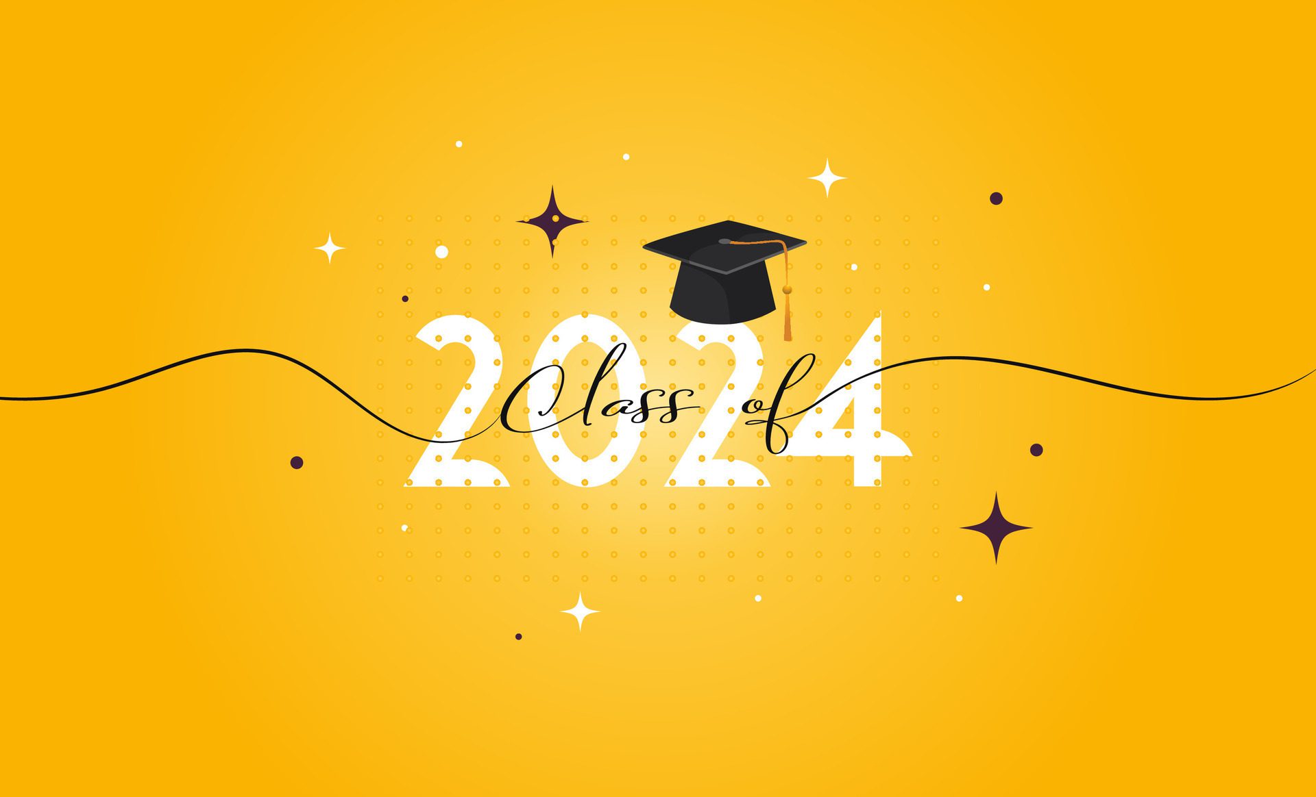 Class of 2024 lettering script and glitter of stars. Congratulations graduates 2024 banner template sticker card with academic hatn Free Vector