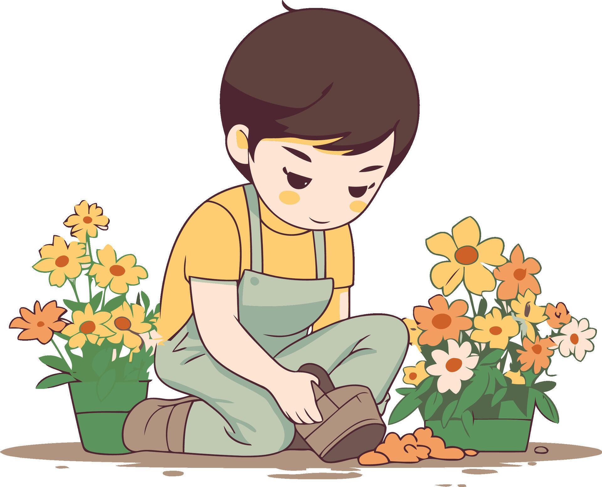 Cute little boy planting flowers in the garden. Stock Free