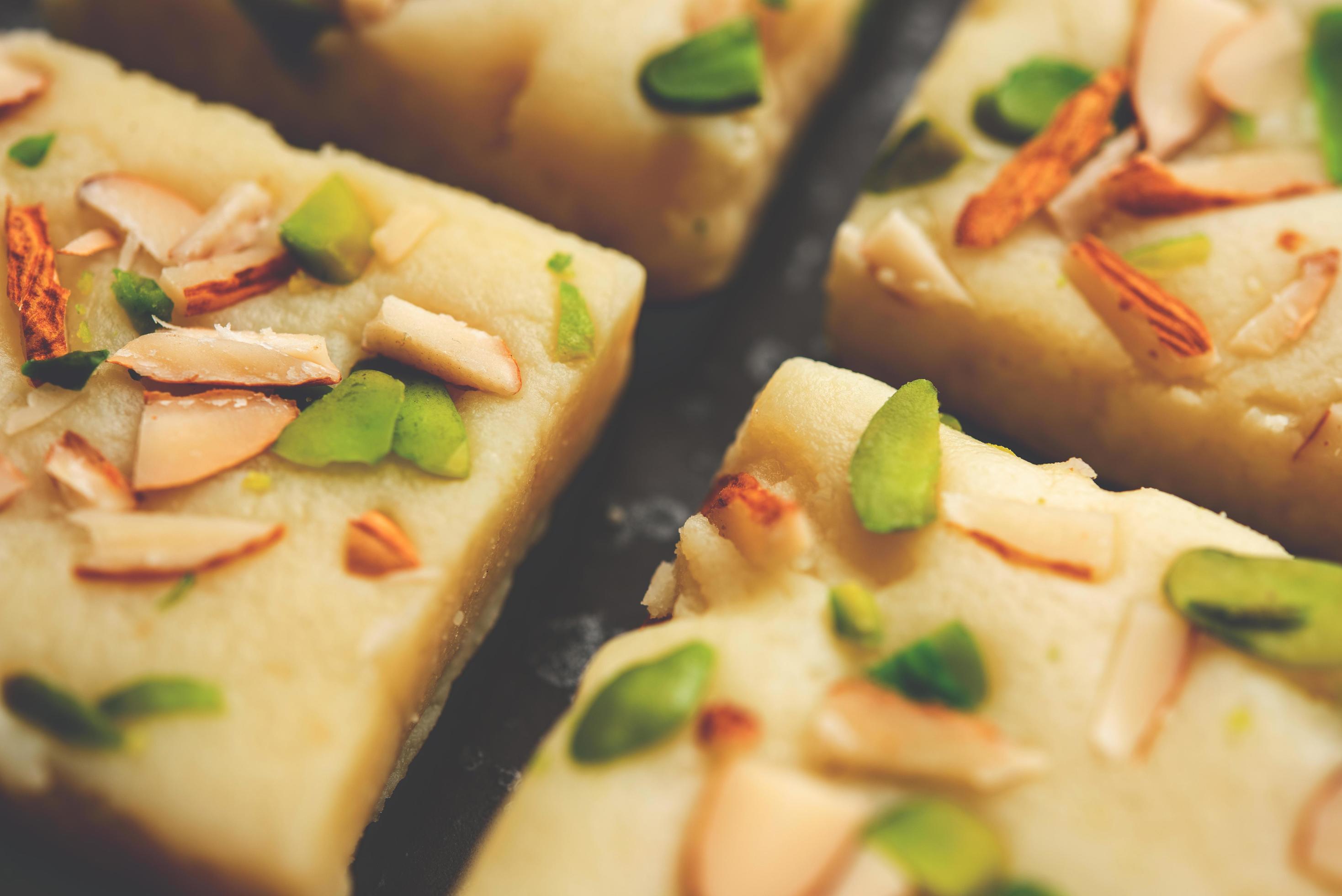 Milk powder barfi also known as Mava burfi, white Khoya burfi or Barfee, Indian Sweet food Stock Free