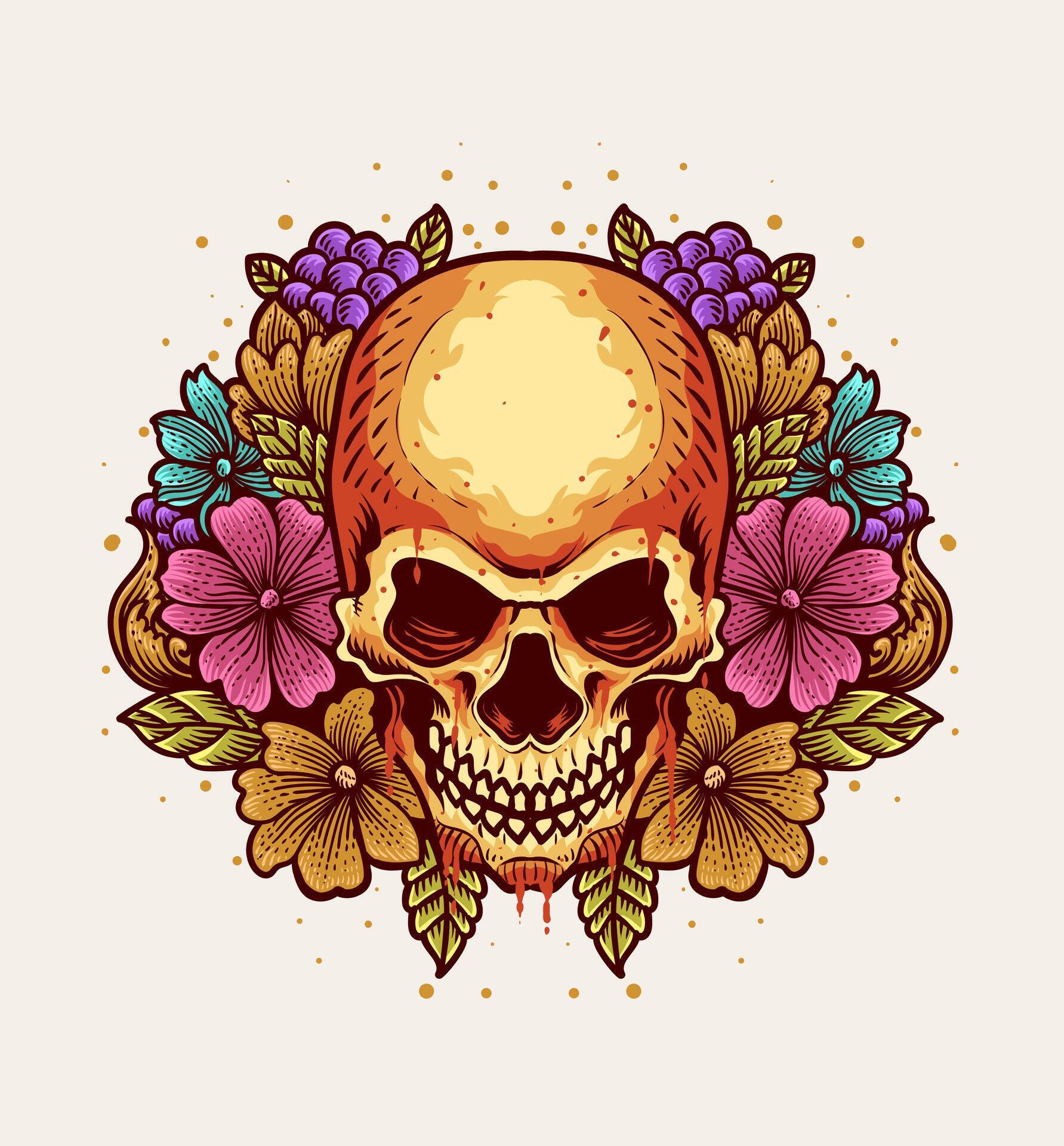 Illustration skull head with flower pop art style Stock Free