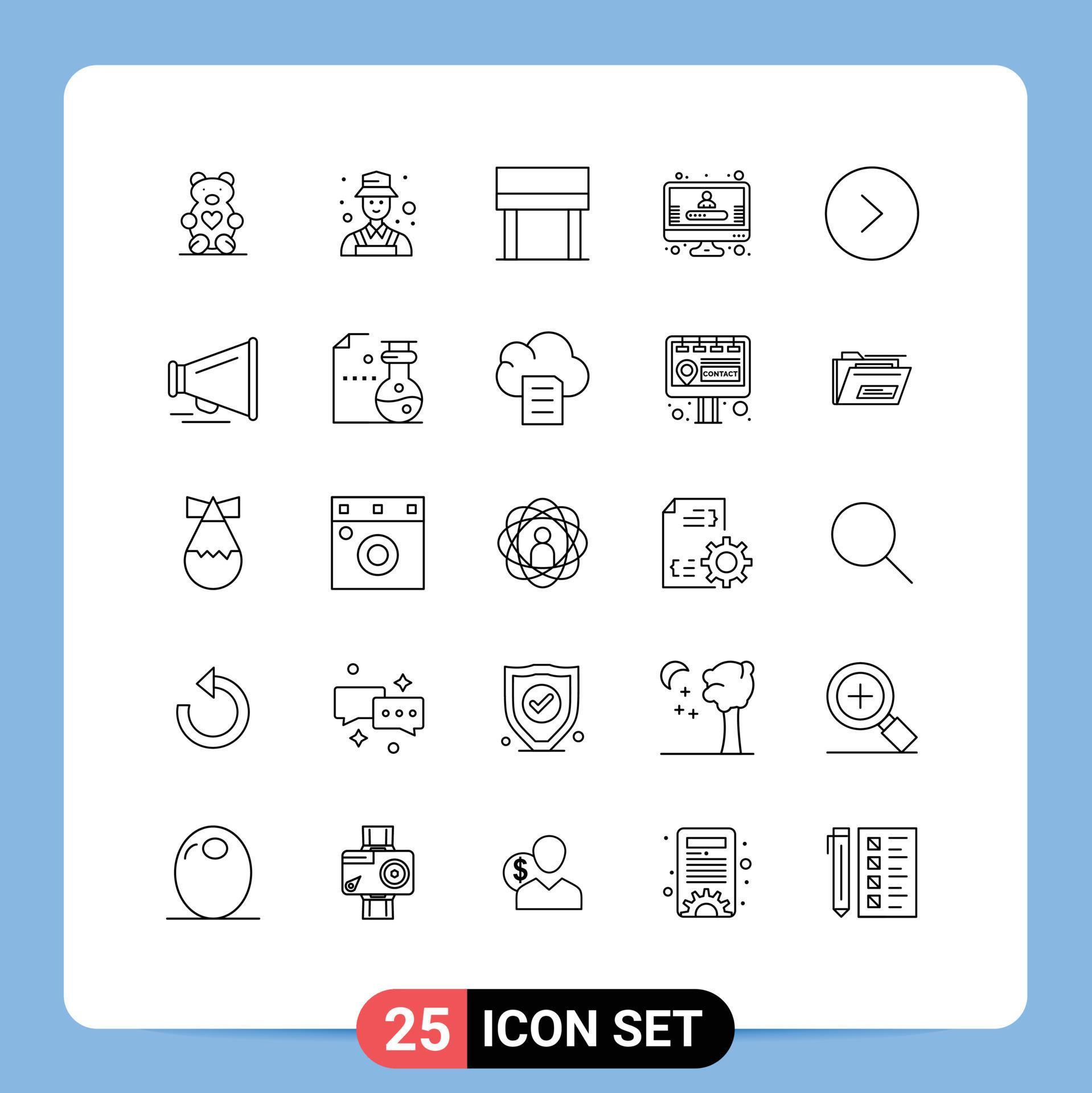 Universal Icon Symbols Group of 25 Modern Lines of speaker circle desk arrow profile Editable Vector Design Elements Stock Free and Free SVG