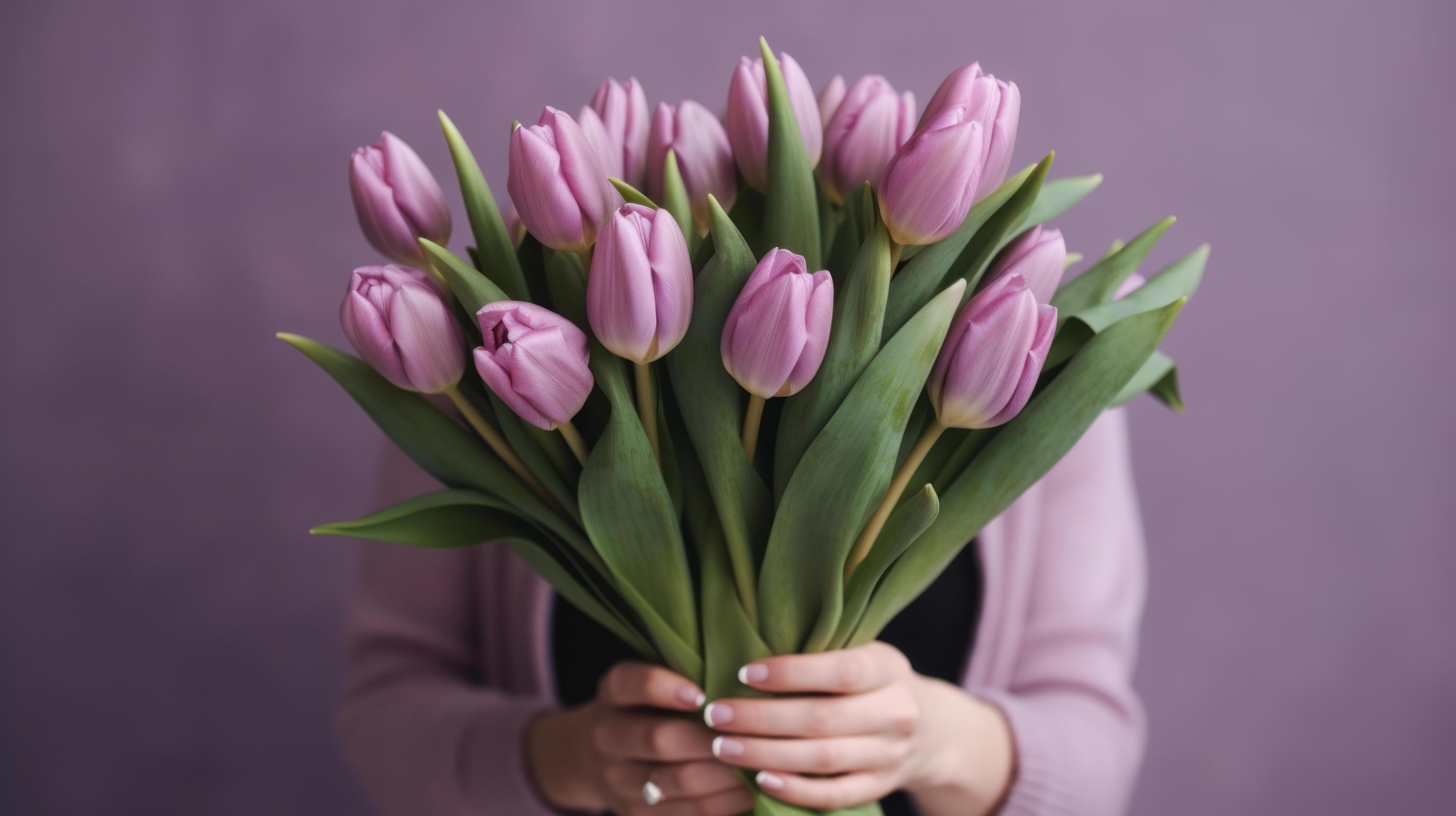 Violet tulip flowers bouquet on hands. Illustration Stock Free