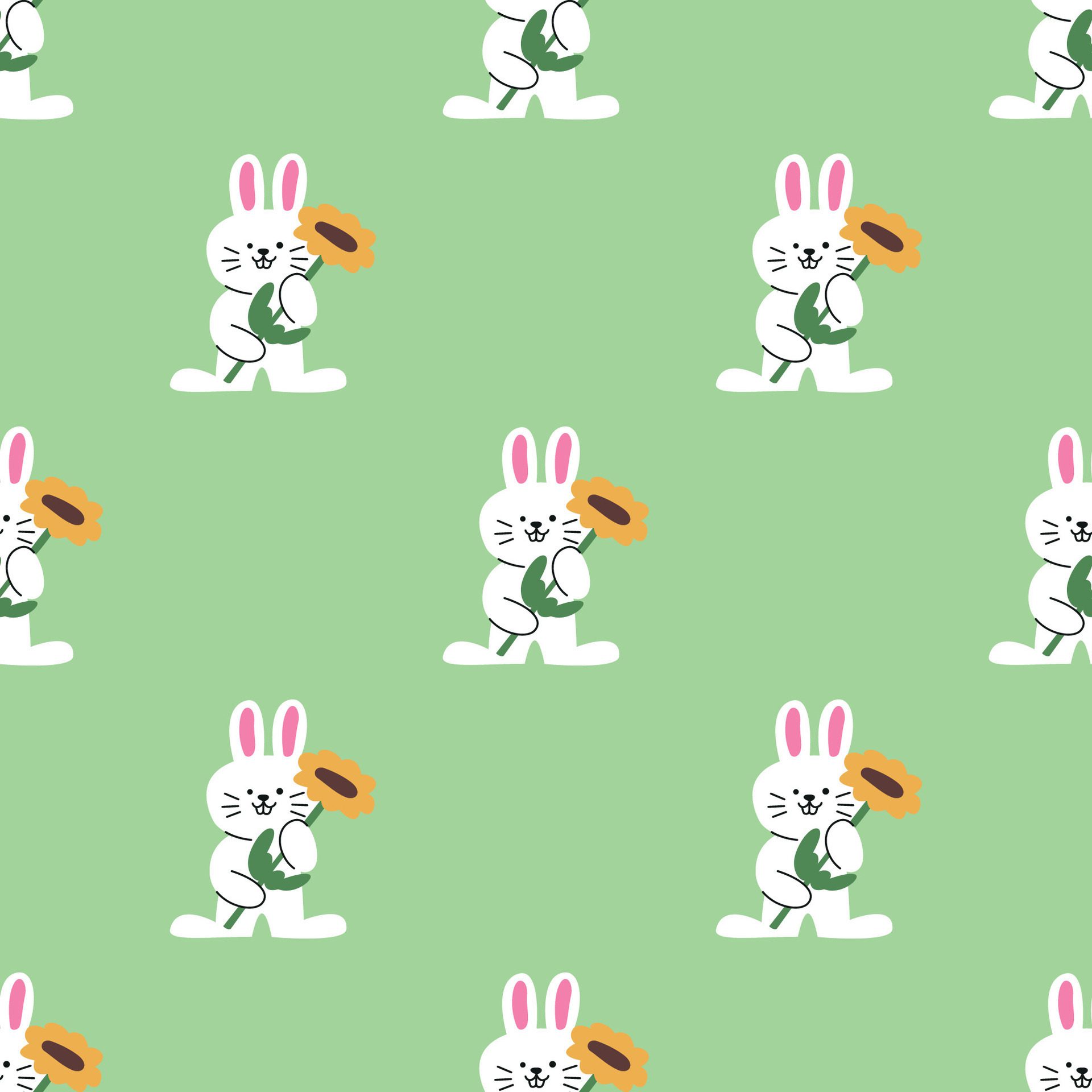 A CUTE WHITE BUNNY IS HOLDING A SUNFLOWER SEAMLESS PATTERN Free Vector