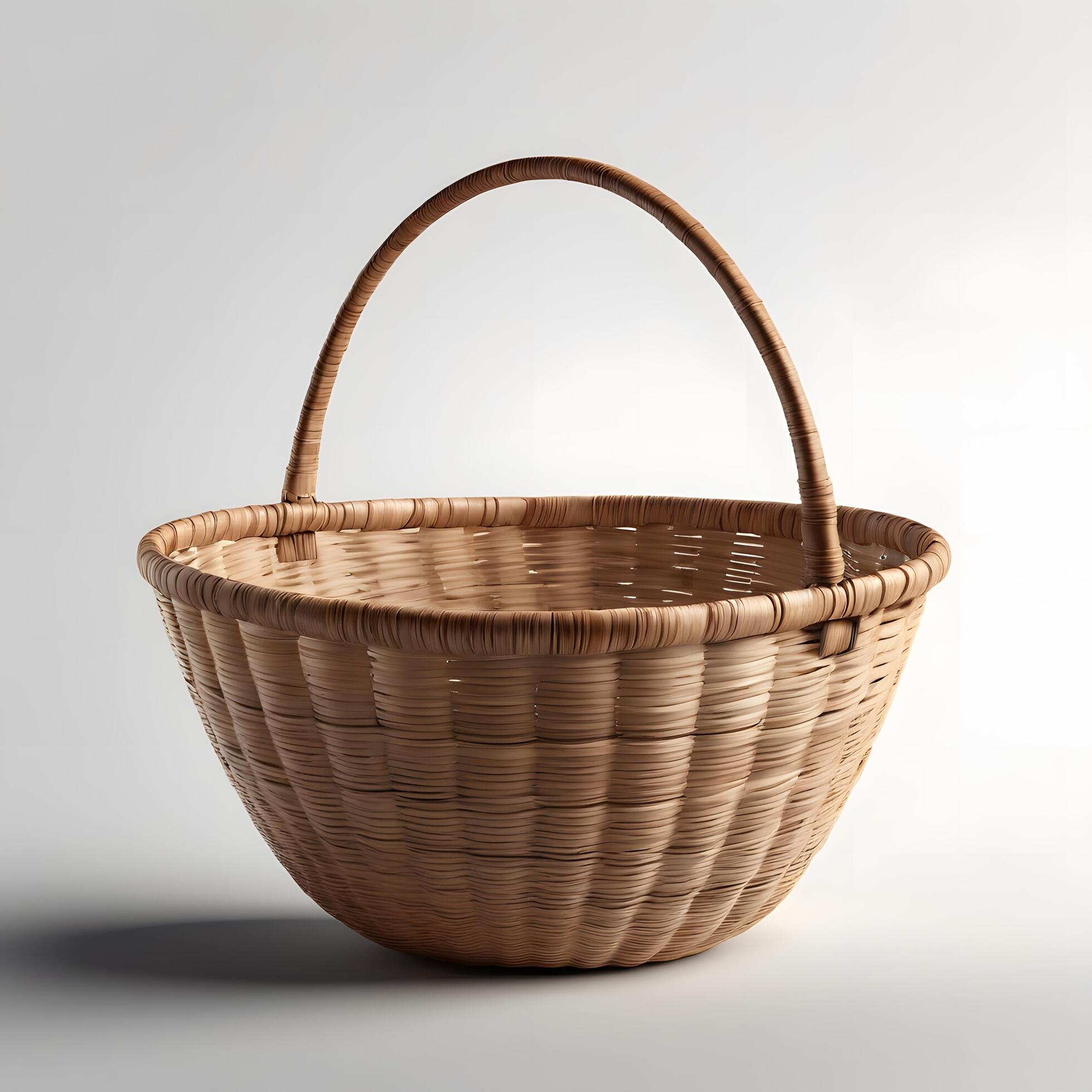 Empty wooden wicker basket, fruit or bread basket on white background Stock Free