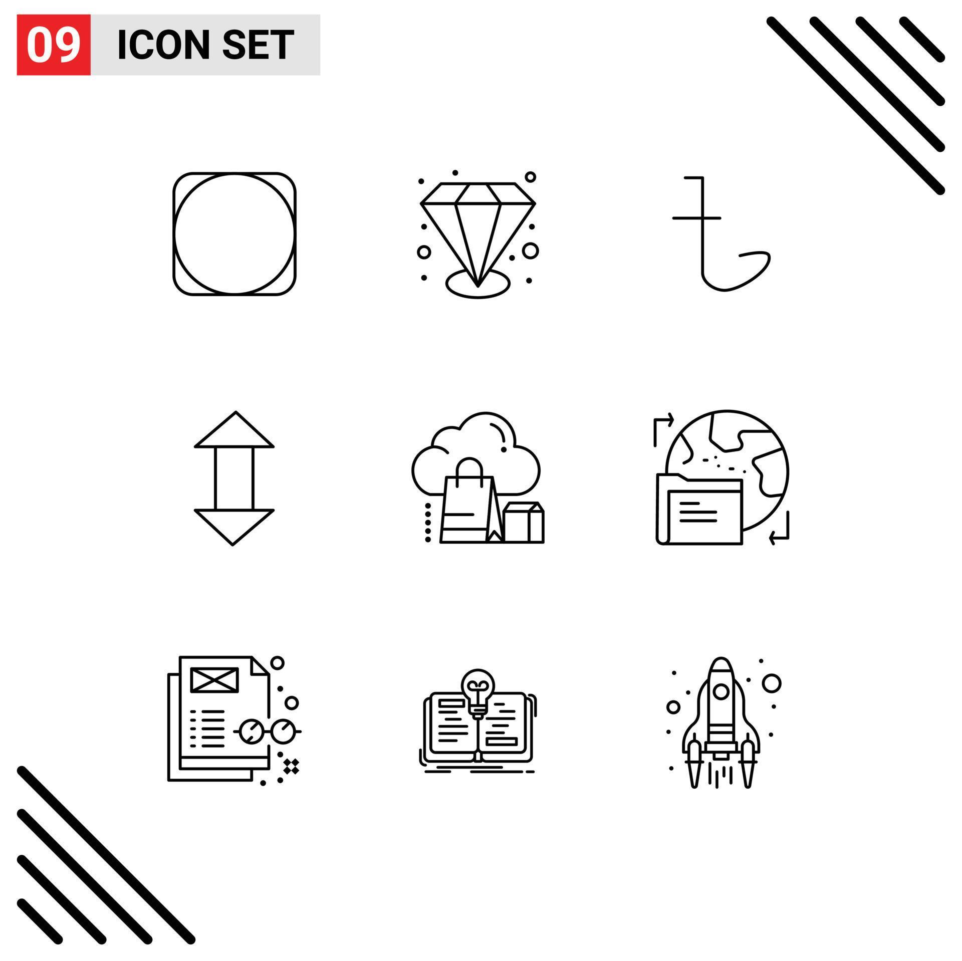 Editable Vector Line Pack of 9 Simple Outlines of gift cloud currency down arrows Editable Vector Design Elements Stock Free