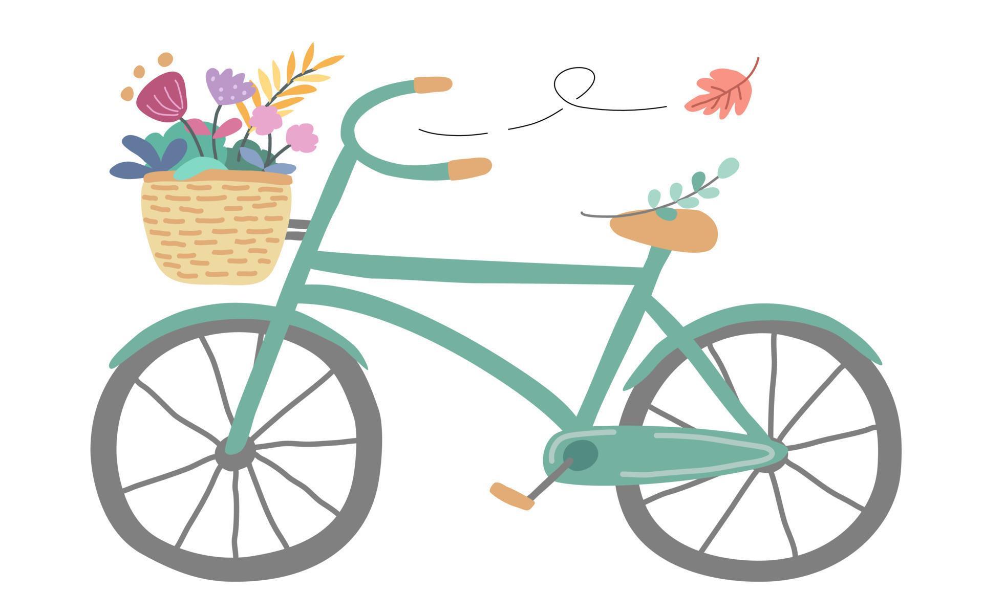 Green bicycle and flower basket designed in pastel tones, vintage doodle style Stock Free and Free SVG