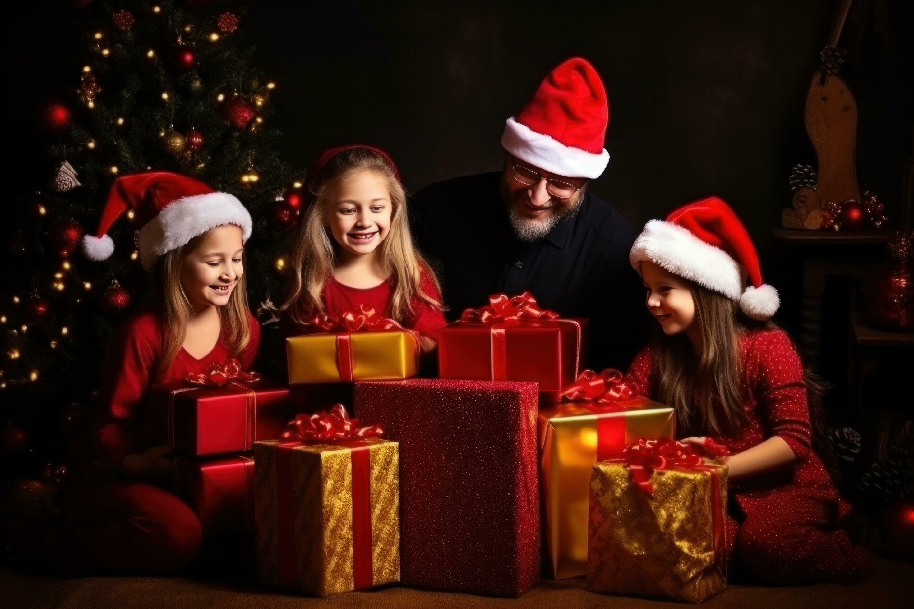 AI generated happy family with Merry Christmas magic gift near tree at evening at home Stock Free