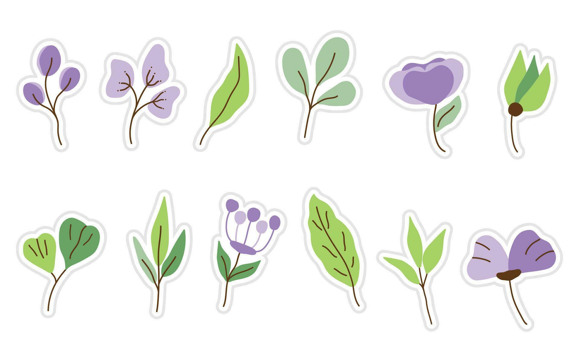 Set of flowers, floral and leaf stickers elements isolated on a white background. Spring stickers for scrapbooking, planner, greeting card and more. Stock Free