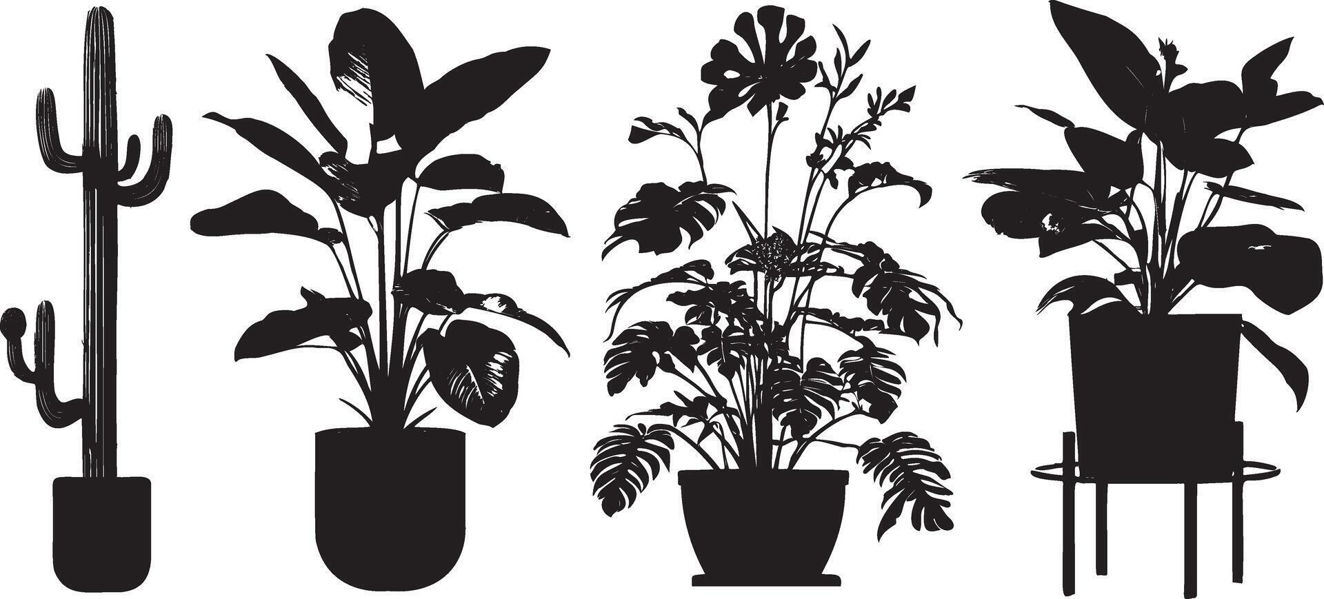 Office and house plant silhouette. Set of flowers in pots isolated on white background. Vector illustration. Stock Free