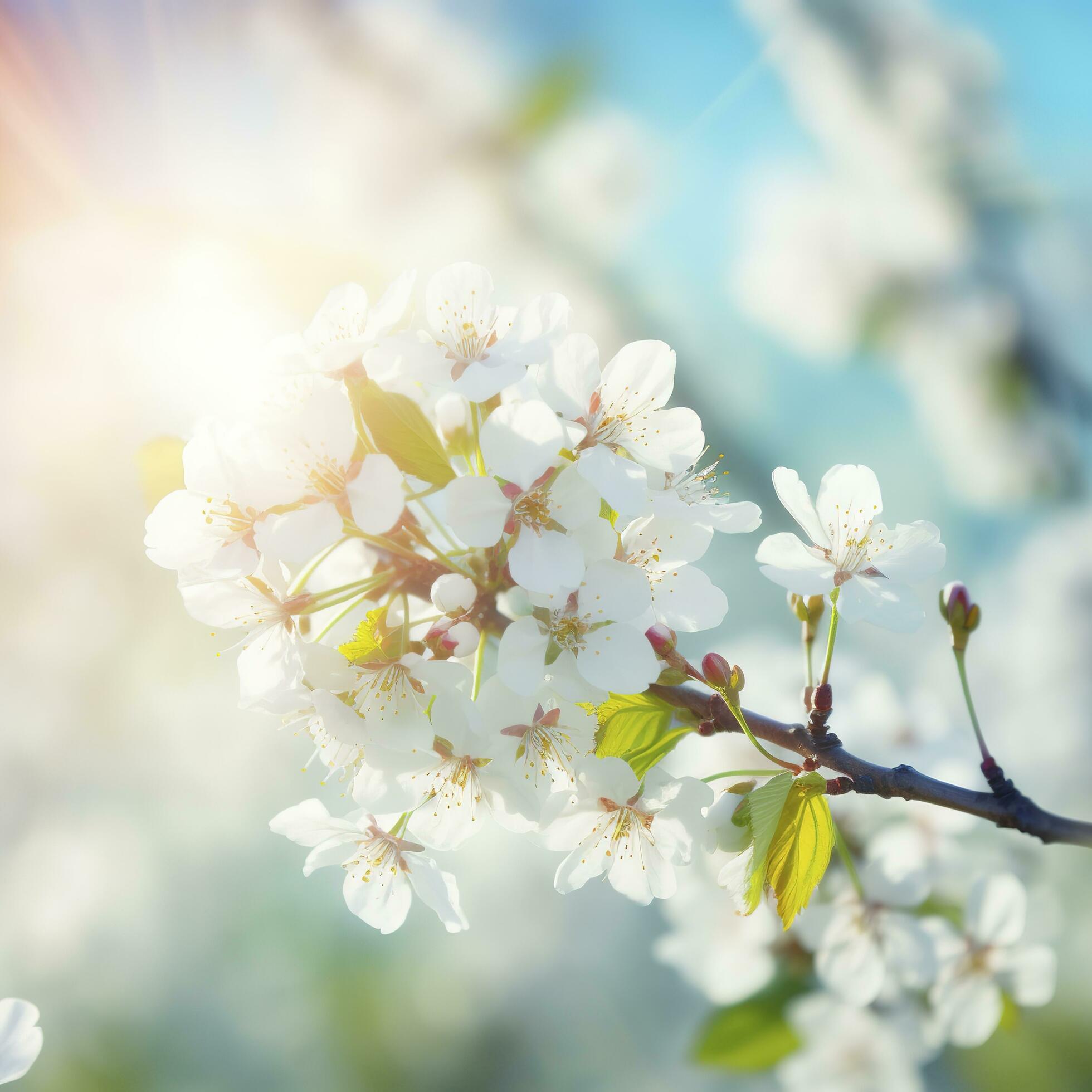 Spring blossom background. Nature scene with blooming tree and sun flare. Spring flowers. Beautiful orchard,light blue background , generat ai Stock Free