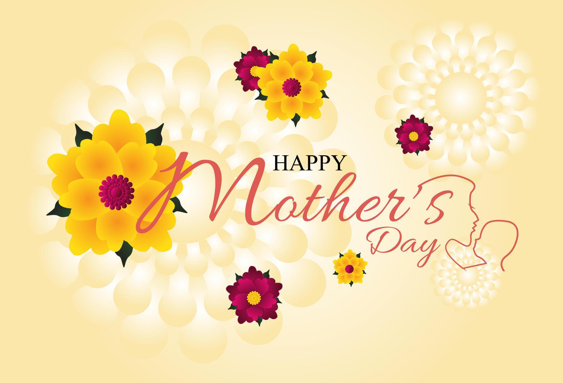 happy mother day silhouette line mom and son baby flowers purple red maroon yellow orange beauty yellow cream gold background Stock Free