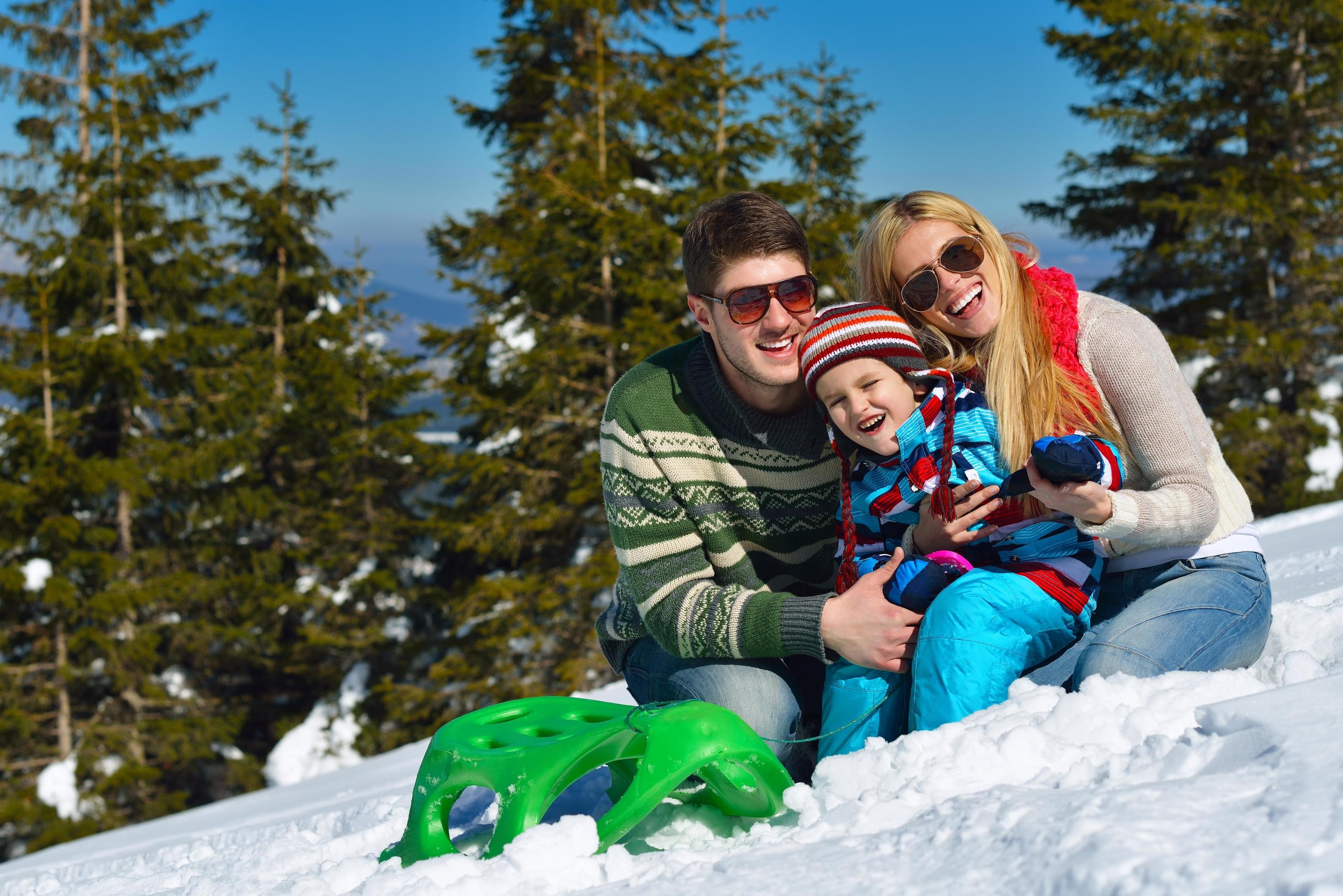 family having fun on fresh snow at winter Stock Free