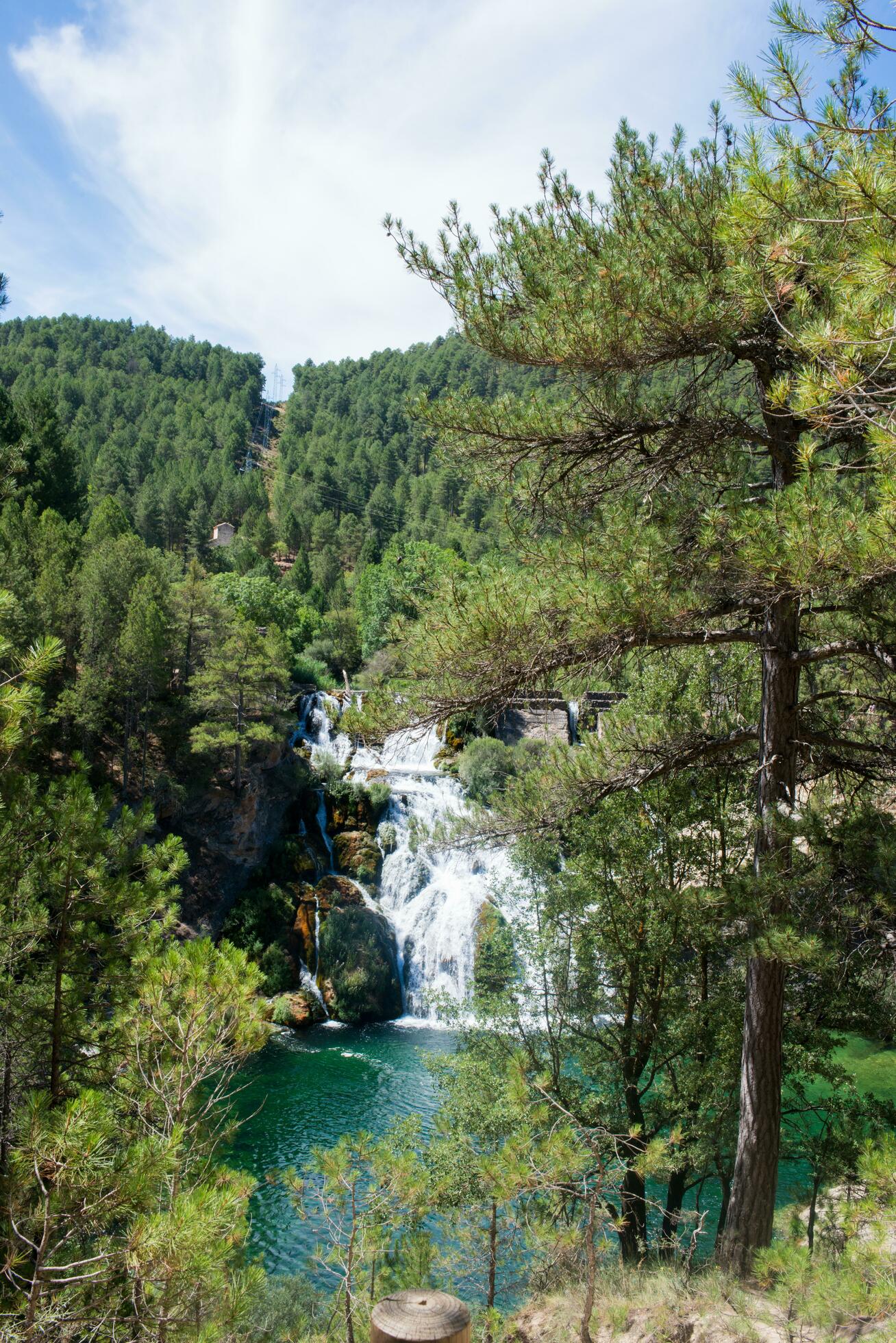 Landscape with pine forest, waterfall and lake. Guadalajara, Spain Stock Free