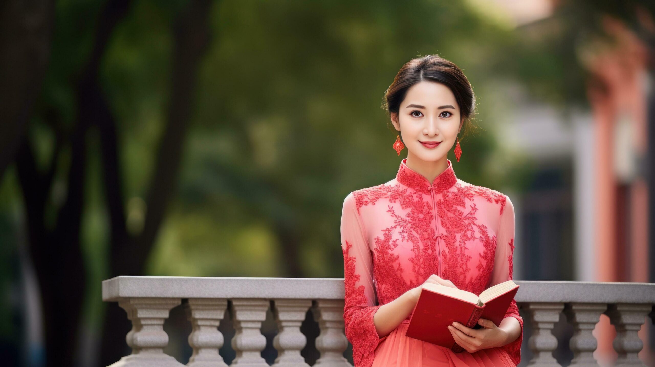 Fashion photography portrait, Chinese female teacher wearing light red Chinese Free Photo