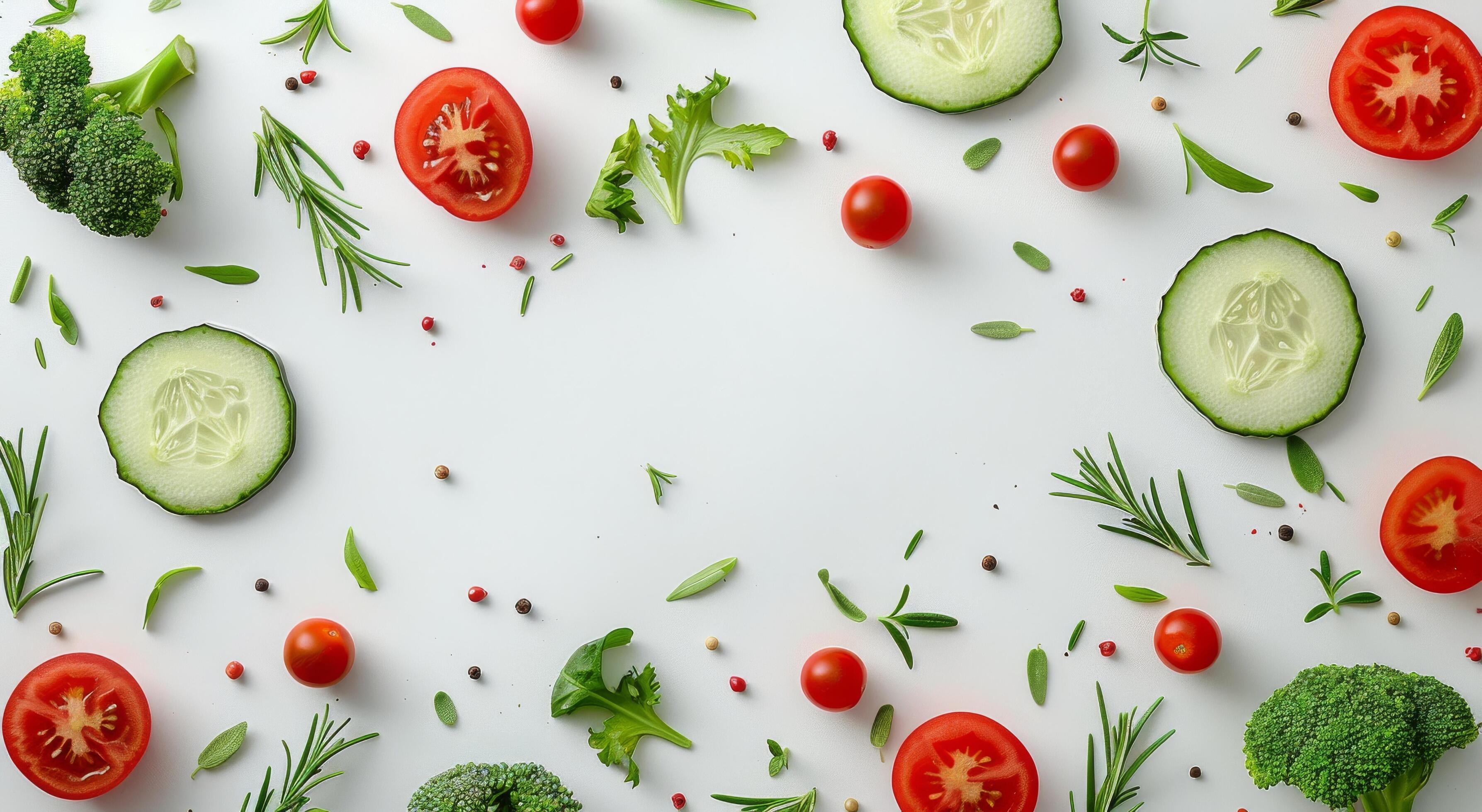 Fresh Broccoli, Tomatoes, Cucumber, and Rosemary Sprouts on White Background Stock Free