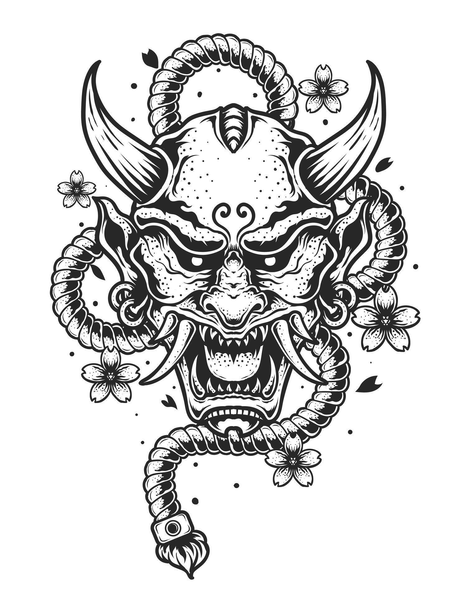 Illustration vector hannya mask, Japanese demon oni mask with ropes and sakura flower. Stock Free