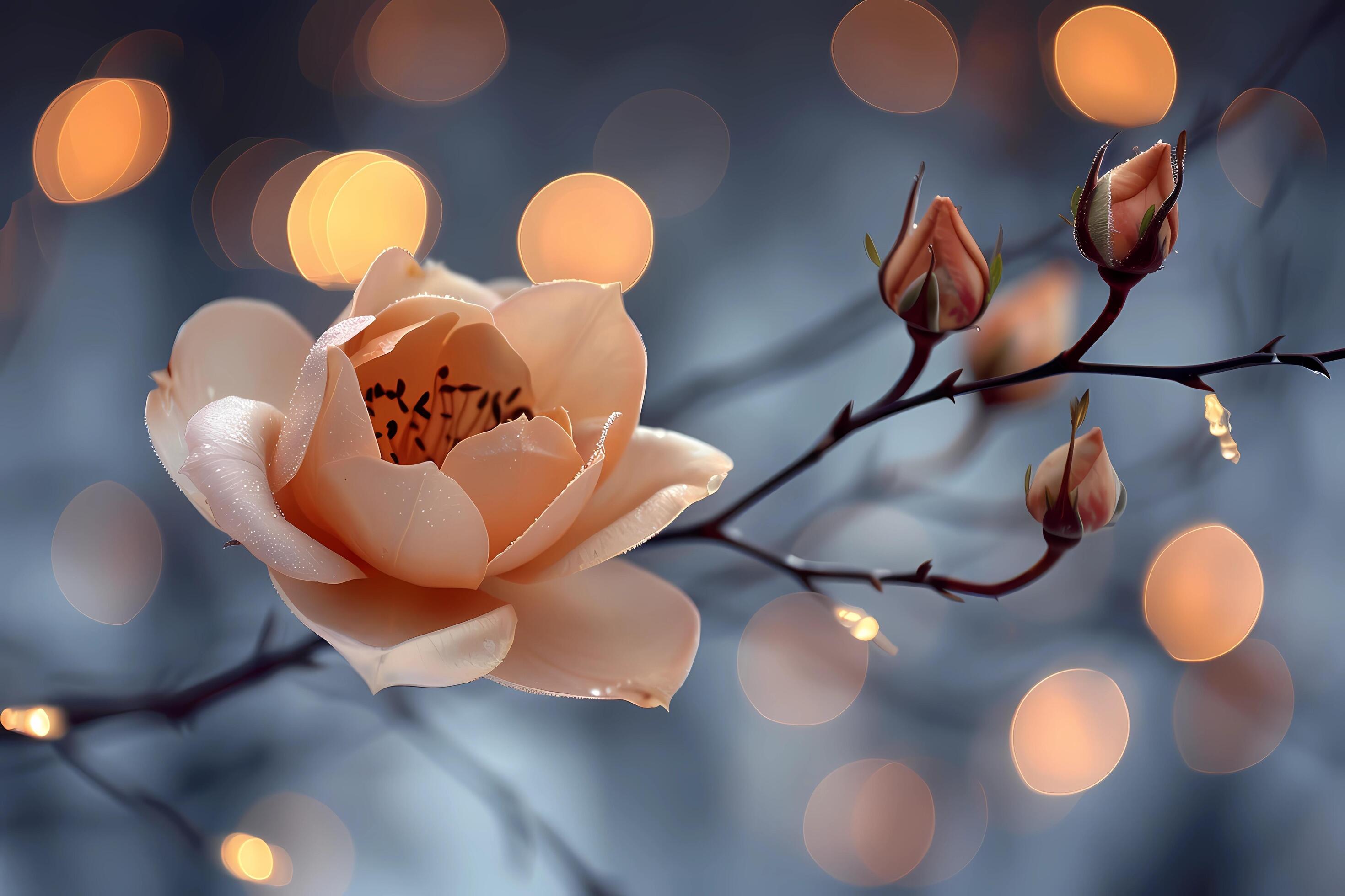 A delicate peach fuzz-colored flower blooms amid small buds and glowing lights, set against a softly blurred background Stock Free