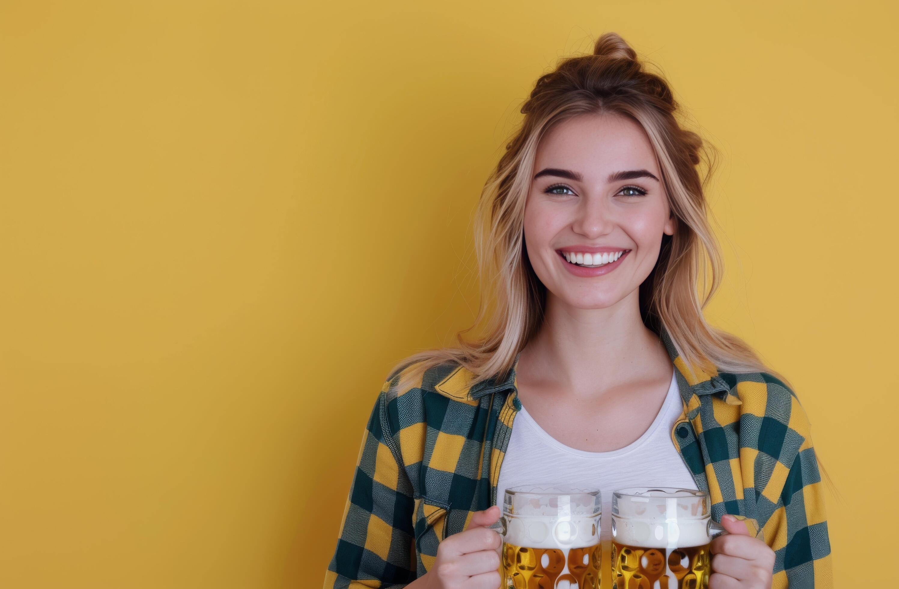 Young Woman Smiling With Beer Mugs Against Bright Yellow Background Stock Free