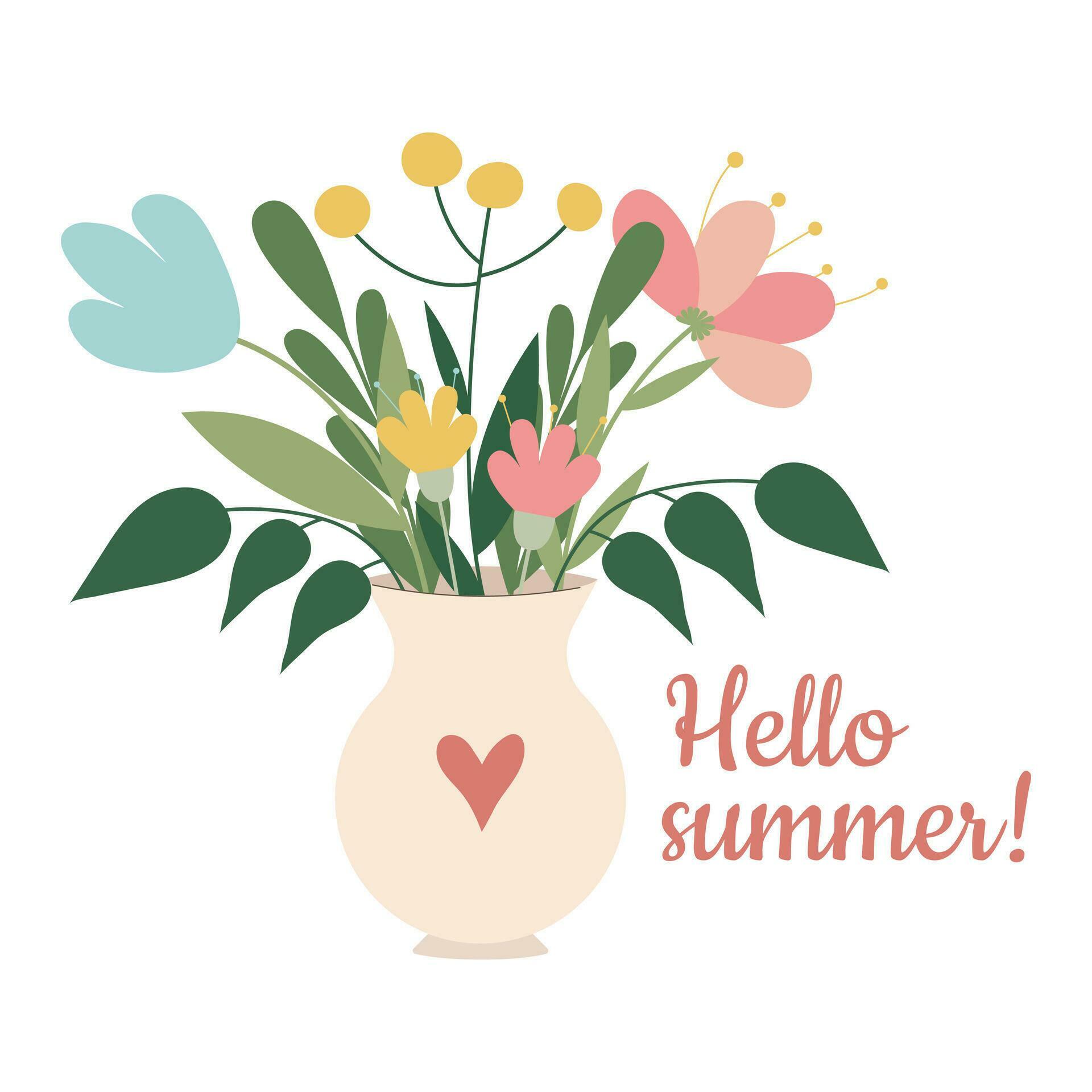 Hello summer card with flowers in a vase. Vector illustration. Stock Free