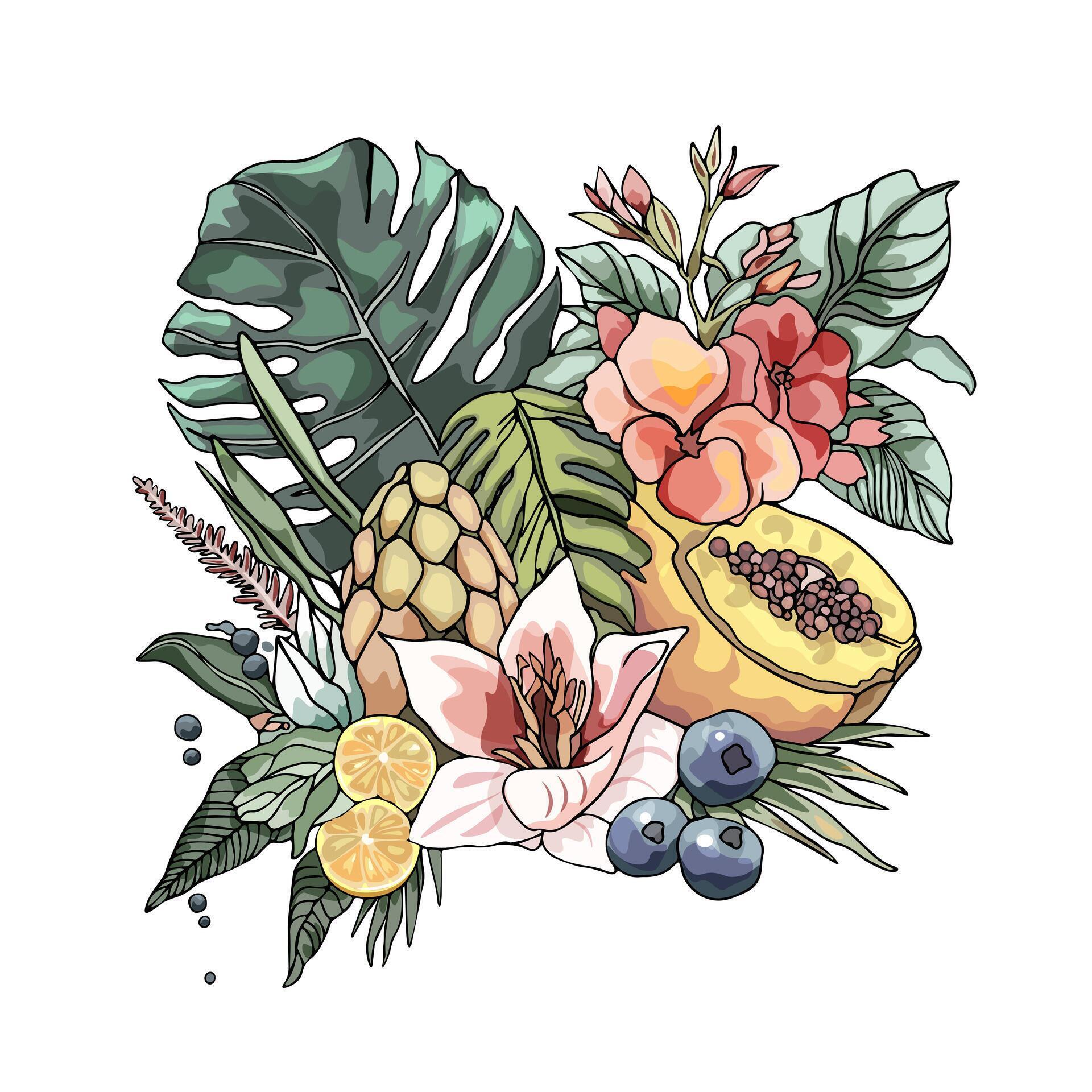 Fruit illustration. Tropical flowers and fruits. Lemon flowers and papaya isolated composition Stock Free