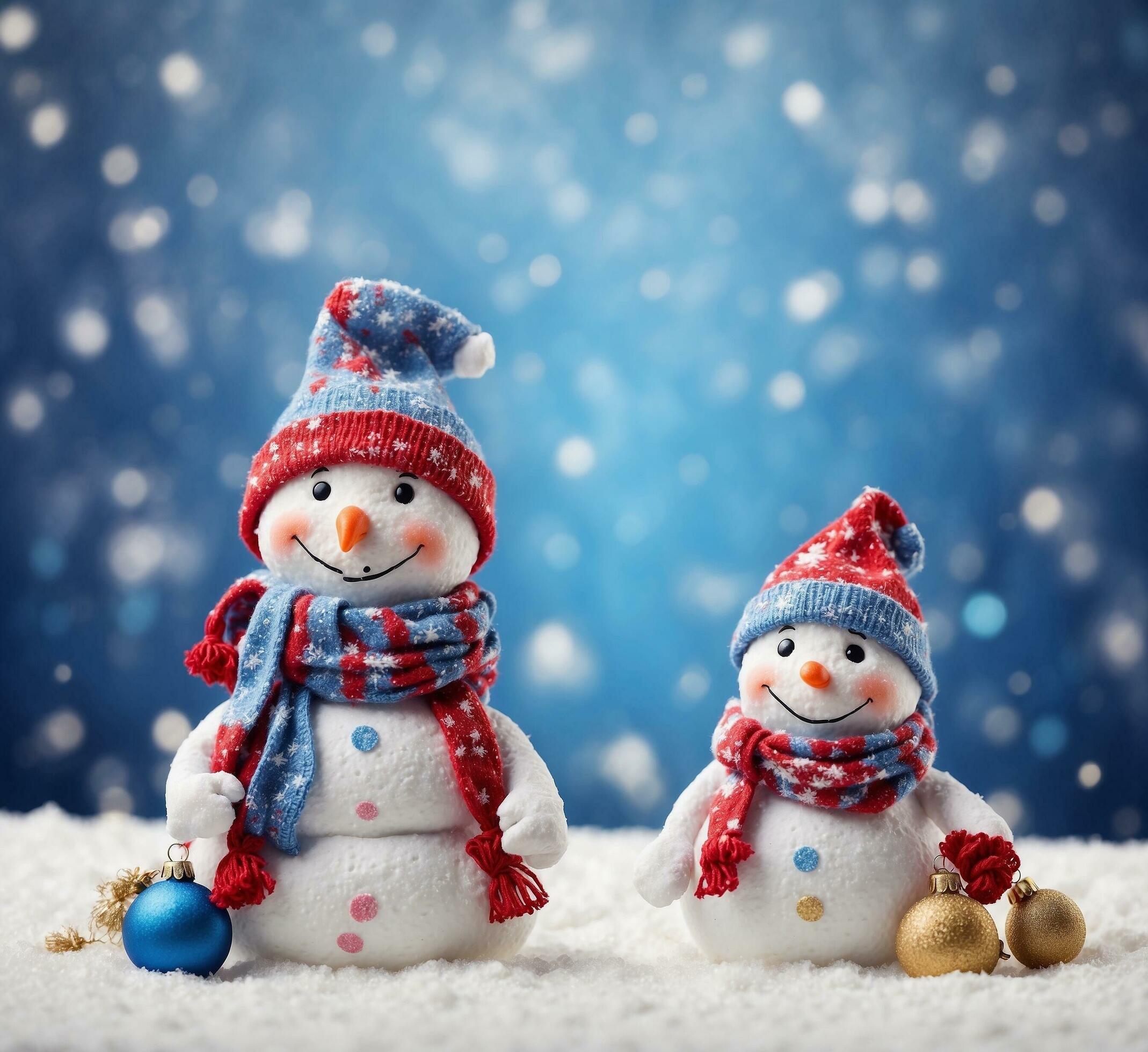 AI generated Snowman family on snow. Christmas and New Year holidays background. Stock Free