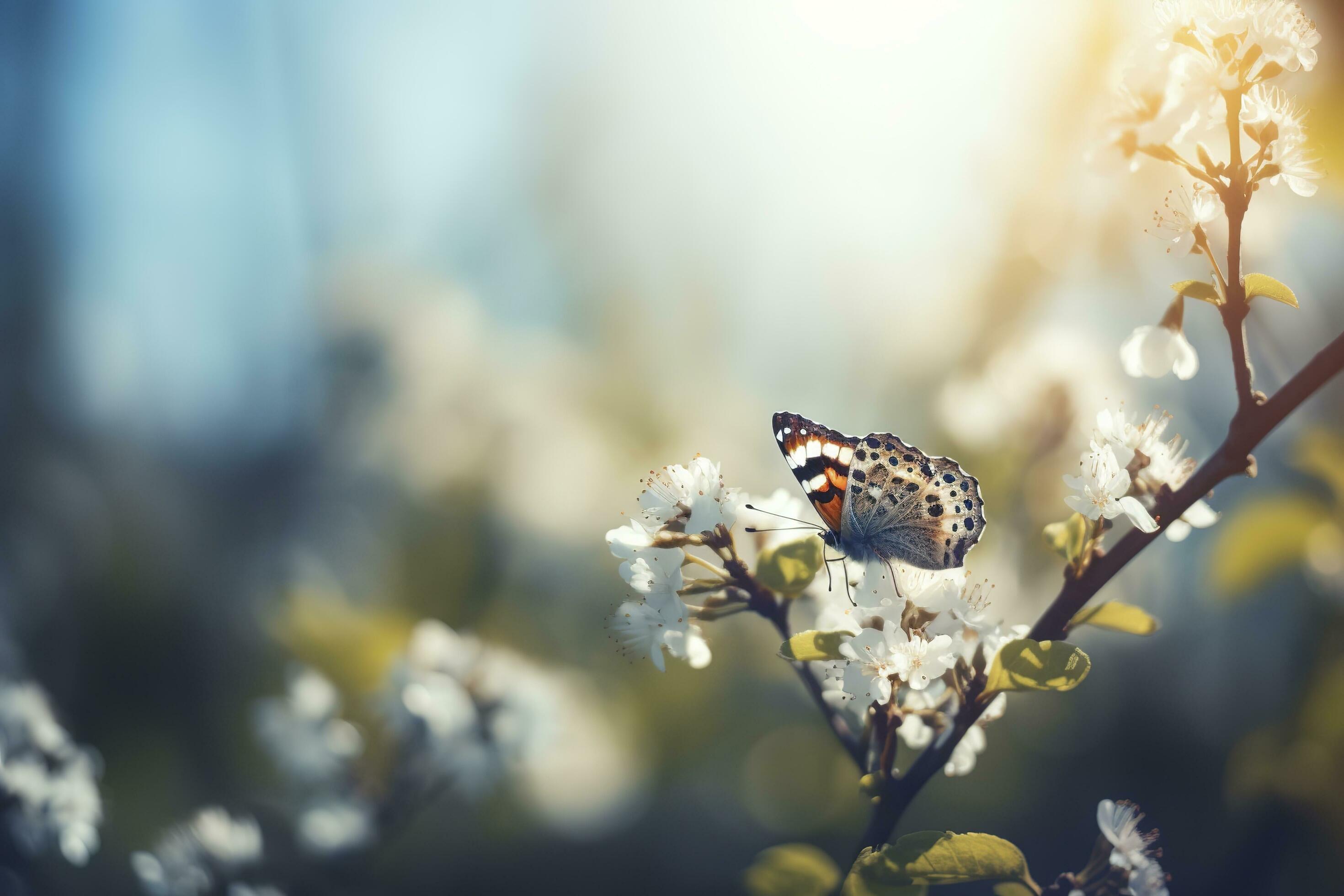 A butterfly sitting on flower and leaf, generate ai Stock Free