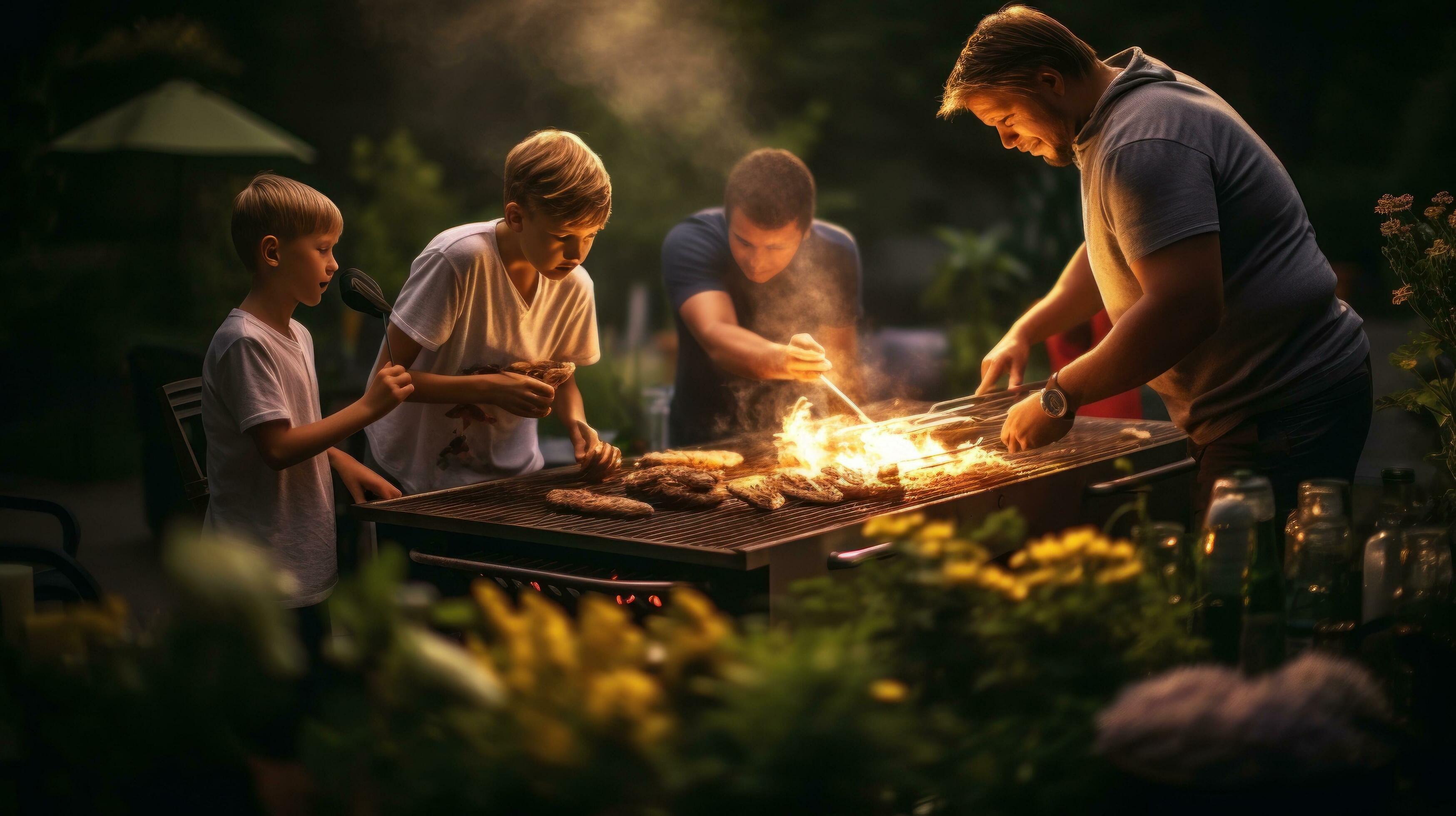 Young family is grilling at the barbecue Stock Free