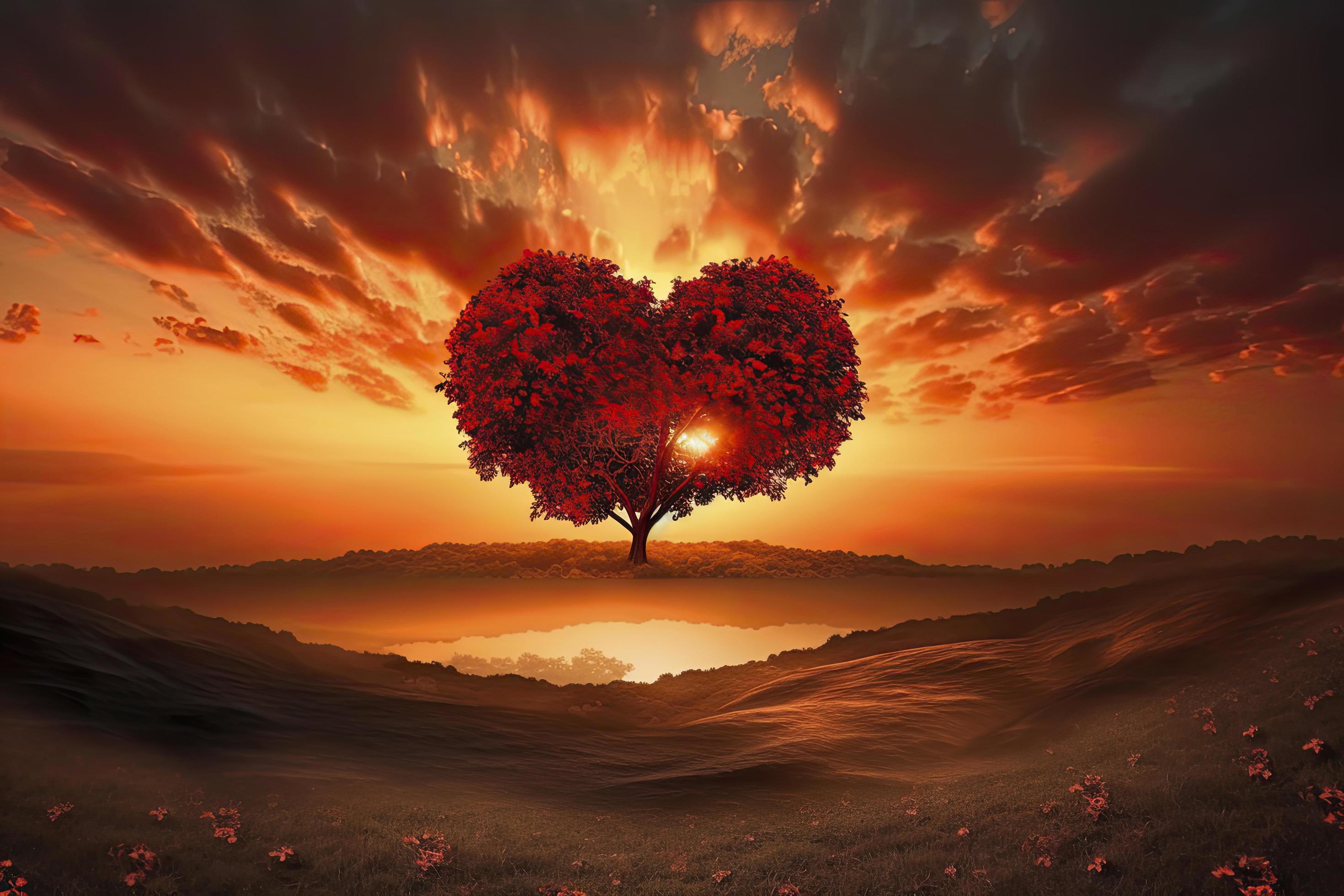 Heart Tree Love For Nature Red Landscape At Sunset Stock Free