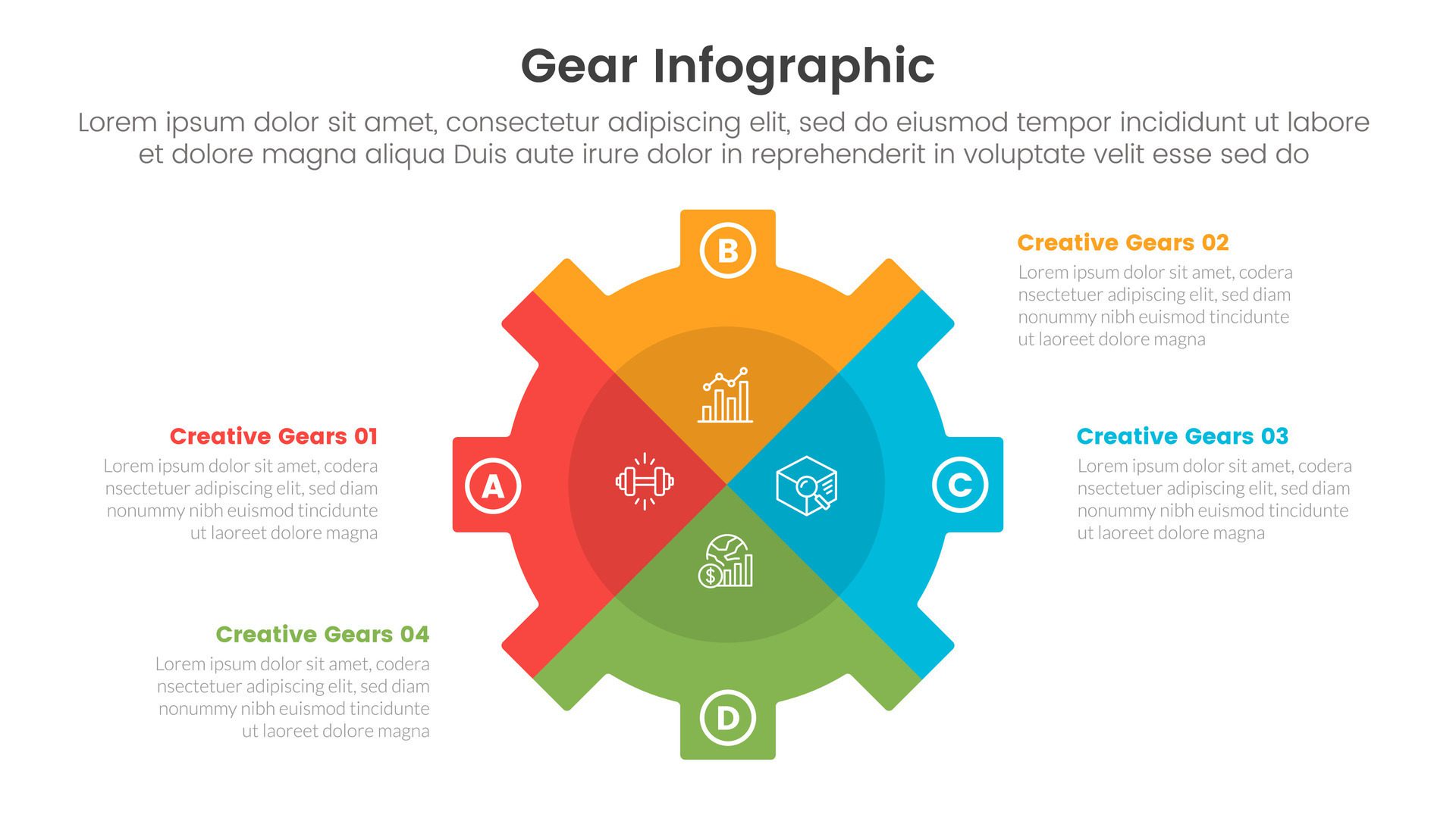 gear cogwheel infographic template banner with big shape with x slice separation with 4 point list information for slide presentation Free Vector