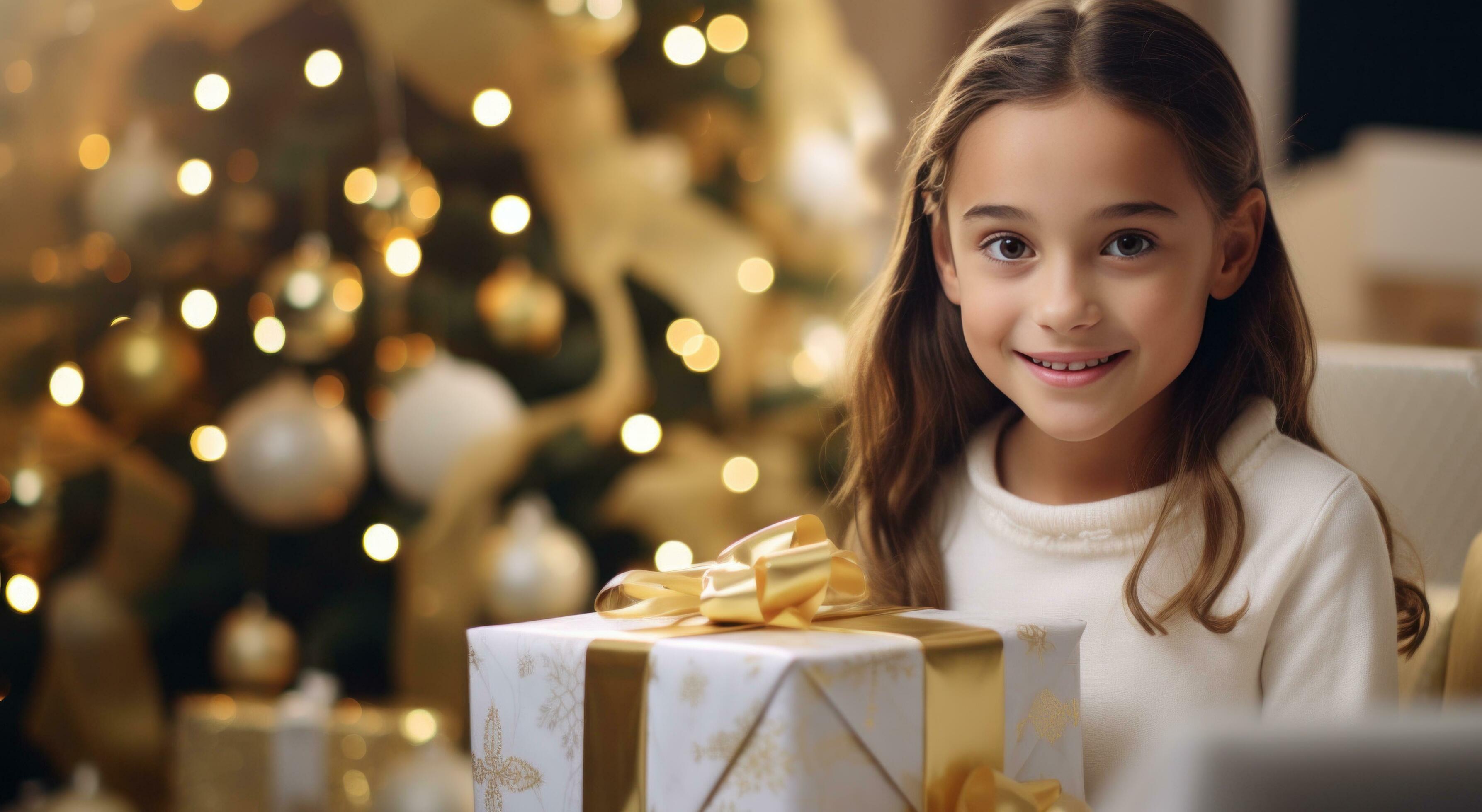 AI generated family portrait of a girl with christmas presents near christmas tree Stock Free