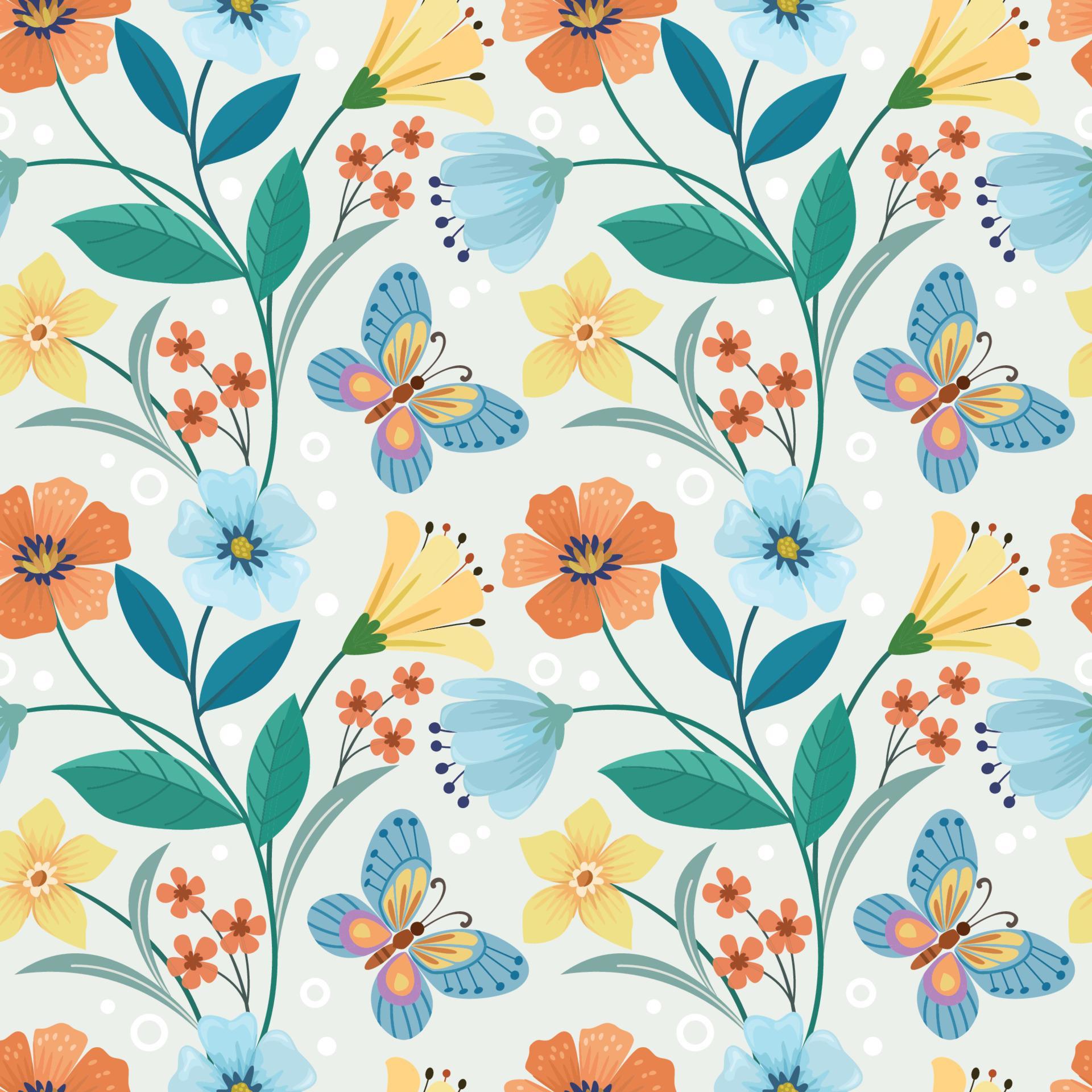 Colorful flowers and butterfly seamless pattern. Stock Free