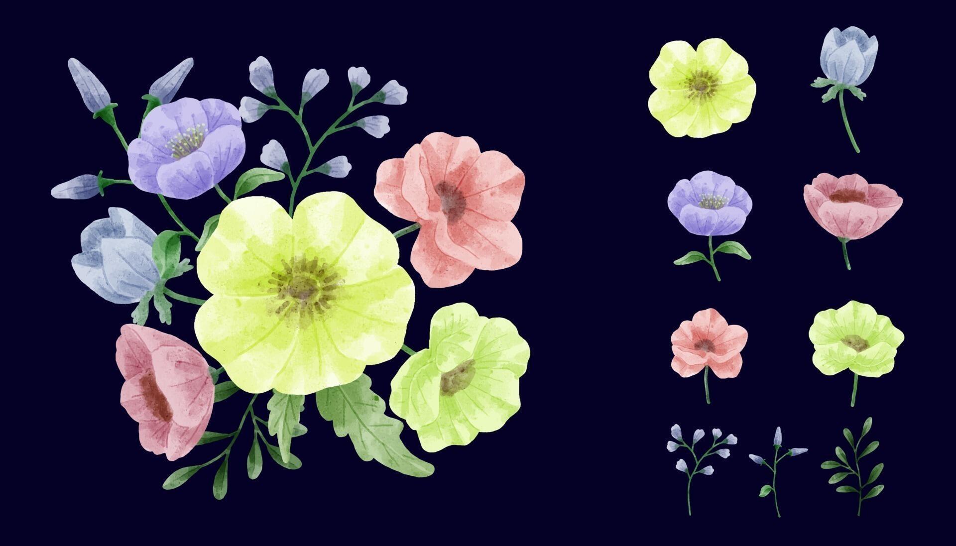 A set of flowers painted in watercolor for designer work create Stock Free