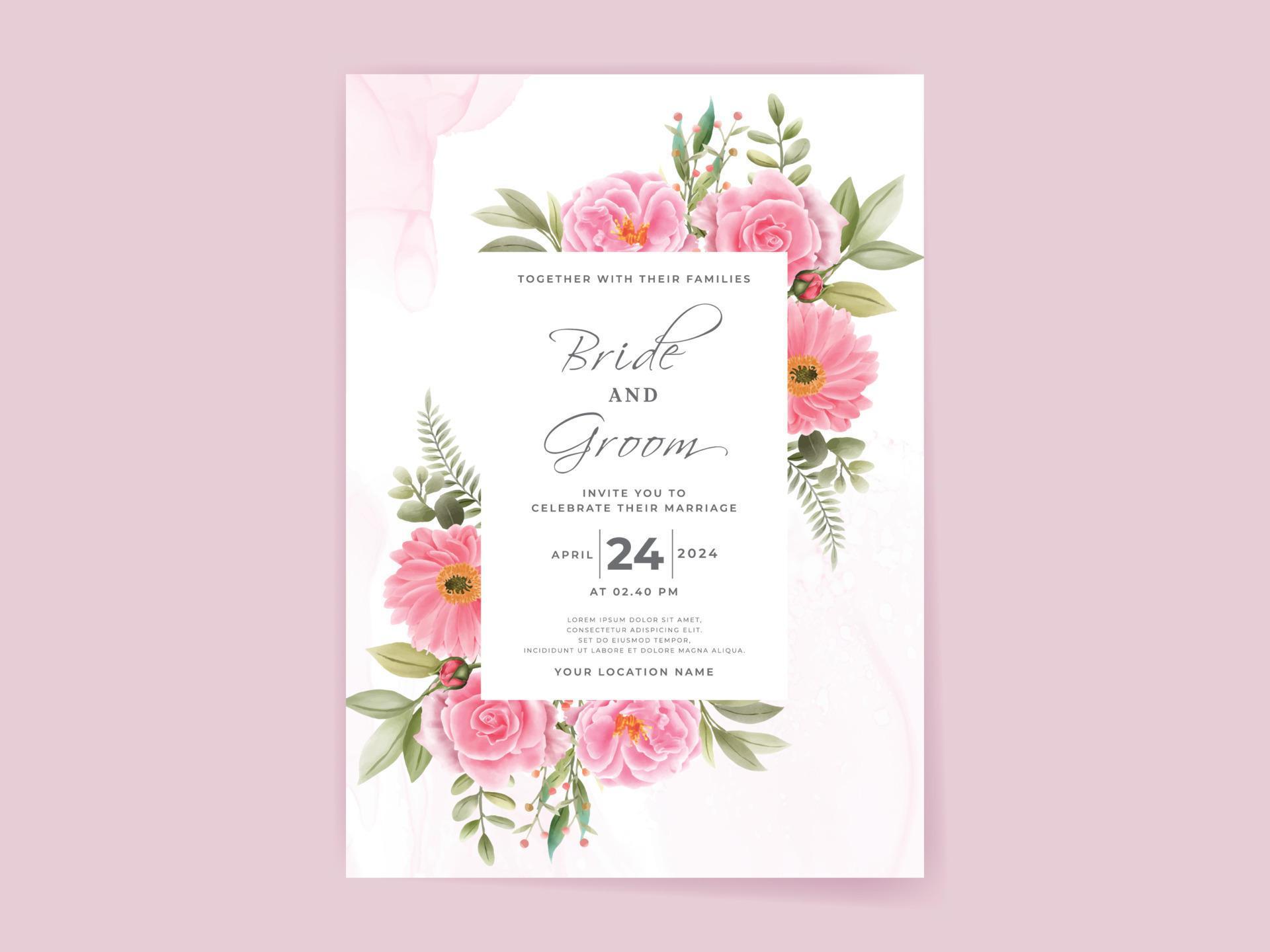 wedding invitation card set with beautiful pink flowers design Stock Free