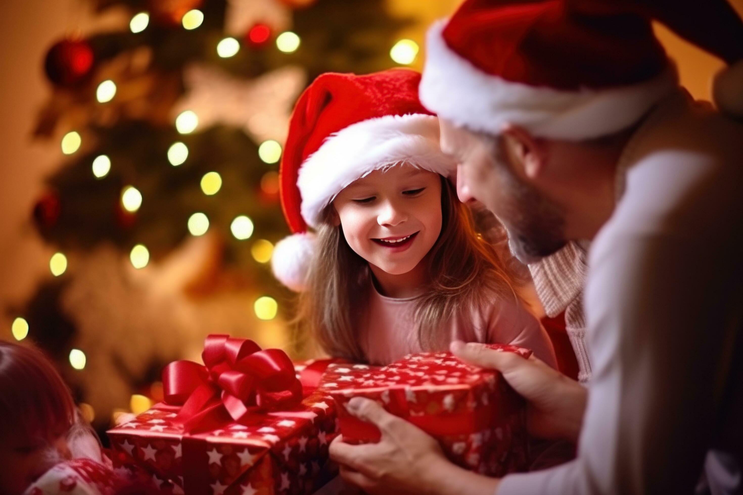 AI generated happy family with Merry Christmas magic gift near tree at evening at home Stock Free