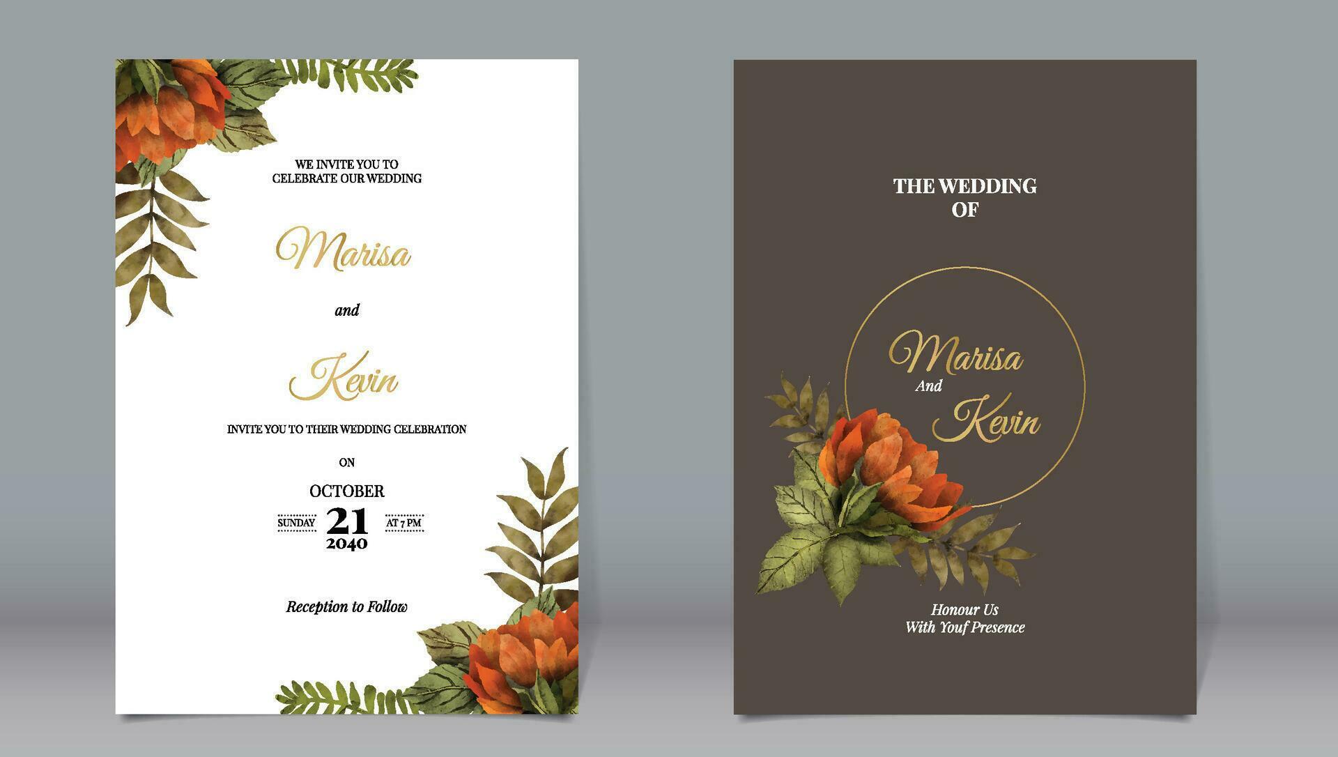 Luxury wedding invitation beautiful flowers and leaves vintage botanical garden watercolor style with dark brown background Stock Free