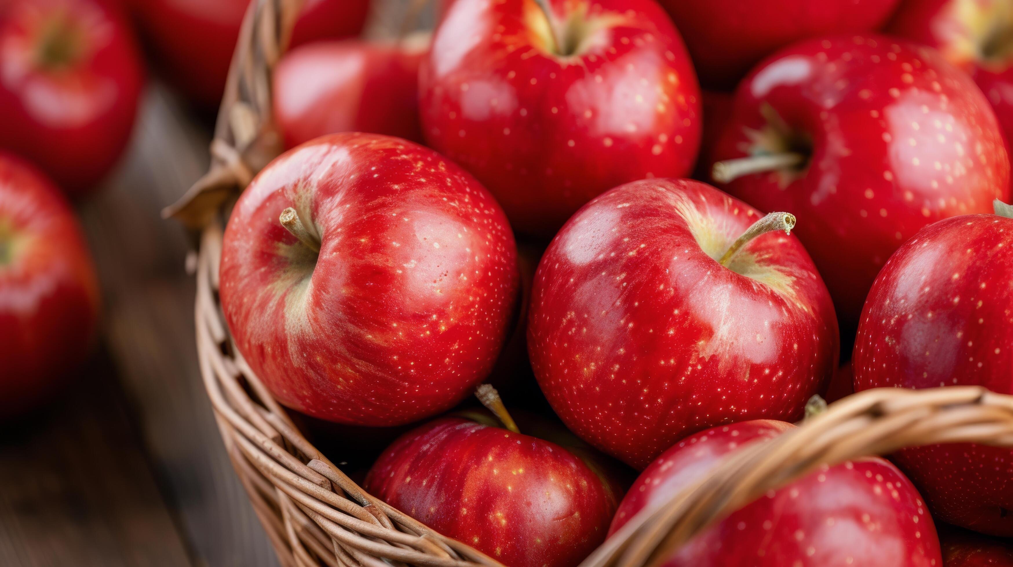 Fresh Red Apples in a Woven Basket With Soft Bokeh Background Stock Free