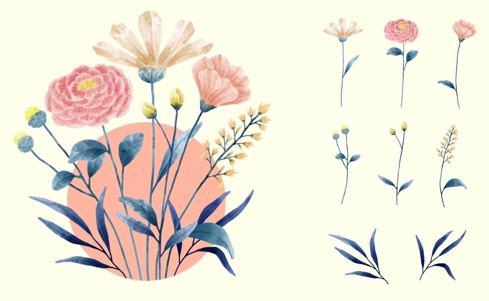 A set of flowers painted in watercolor for designer work create Stock Free