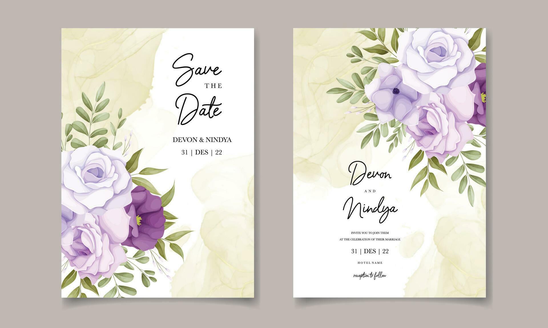 Elegant wedding invitation card with purple flowers Stock Free