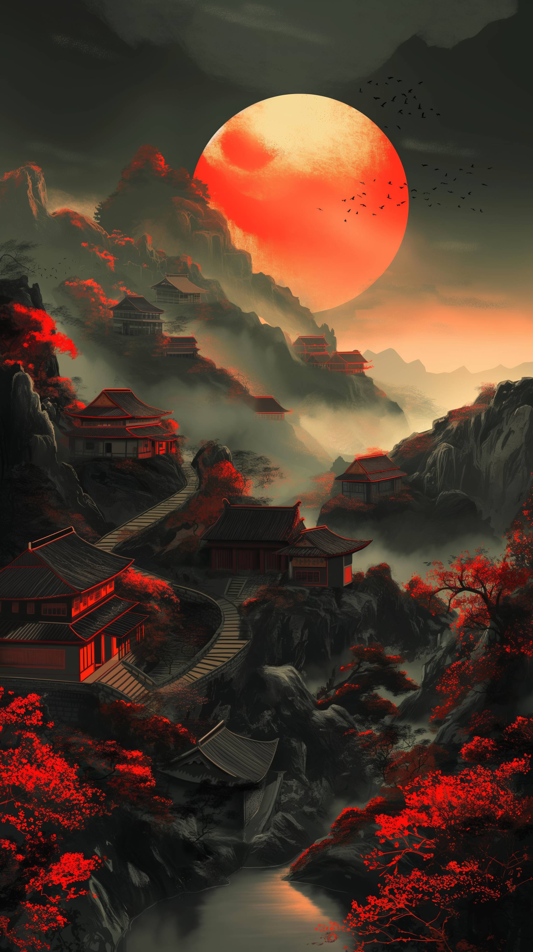 Beautiful Chinese Cartoon Scenery With Path and Little Houses Stock Free