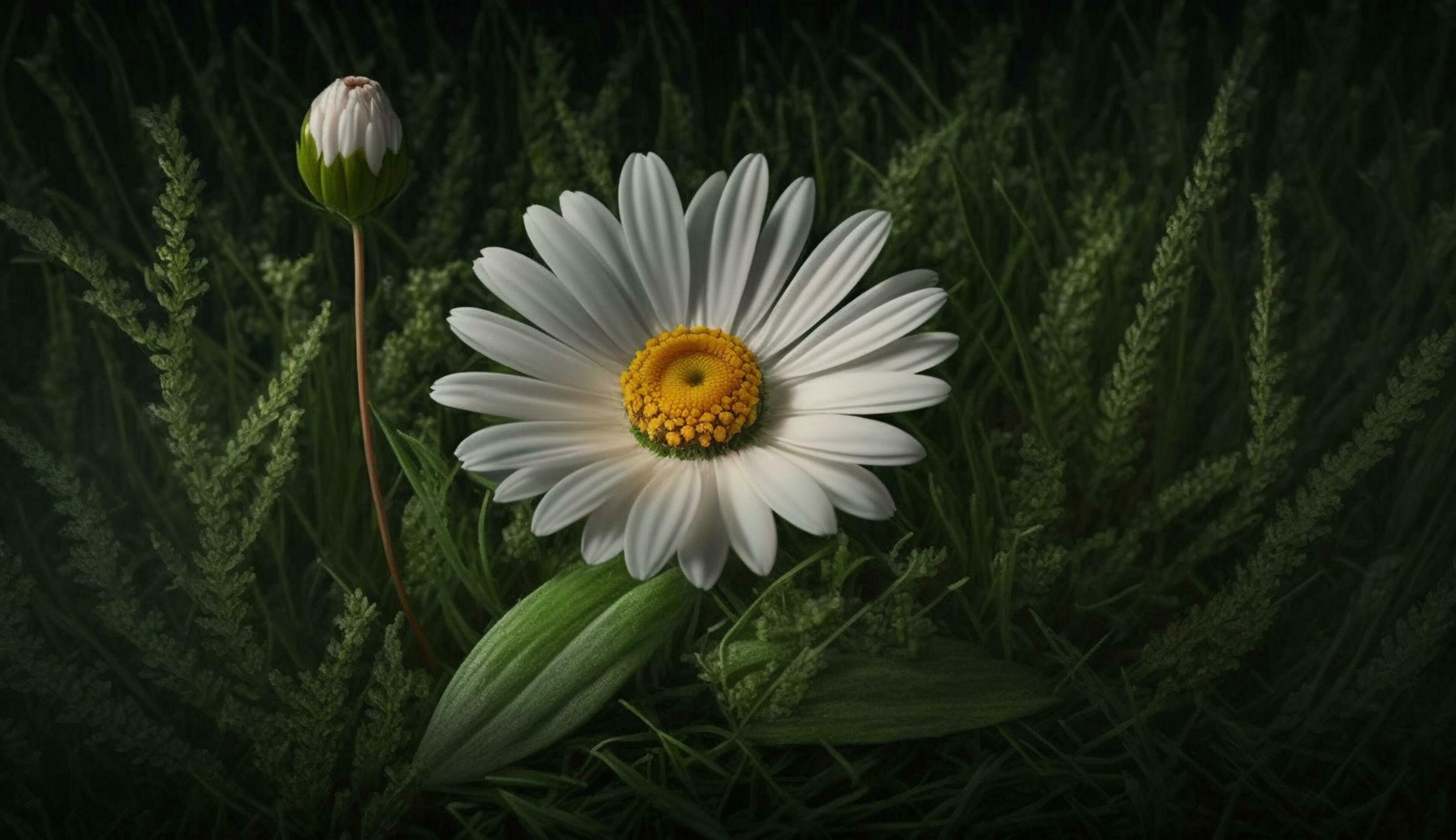 Fresh chamomile flower head in vibrant blue background ,generative AI Stock Free