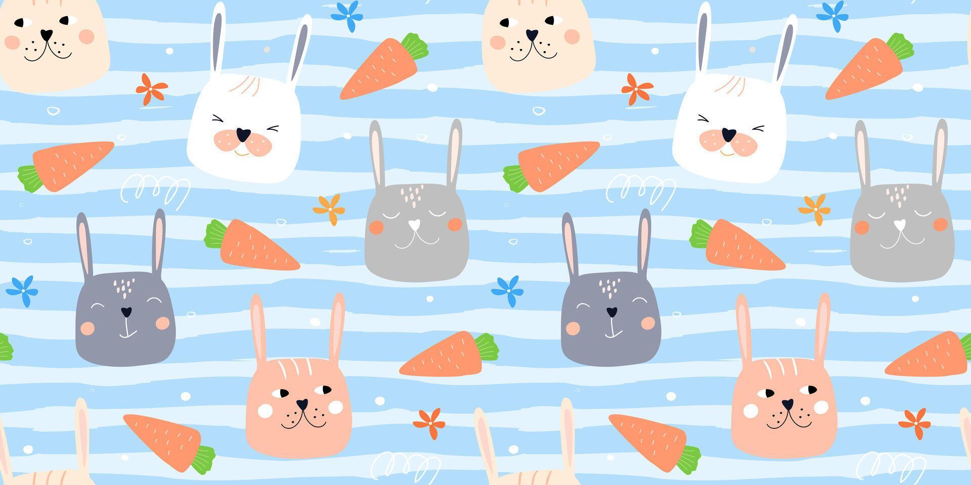 Seamless pattern with cute rabbit faces. Eared bunnies with different emotions on a background of flowers. Vector graphics. Stock Free