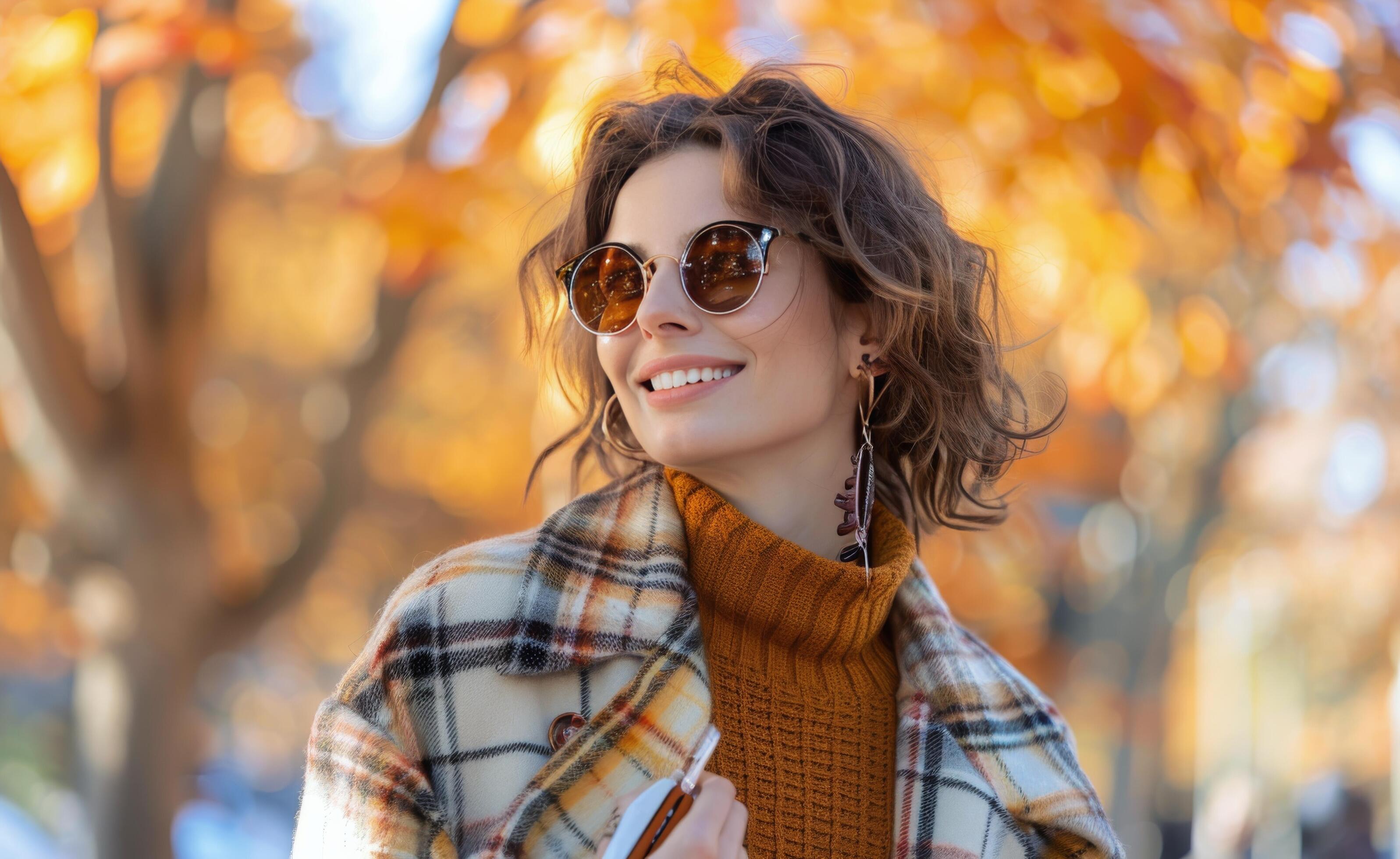 Woman Smiling in Fall With Sunglasses and Plaid Coat Stock Free