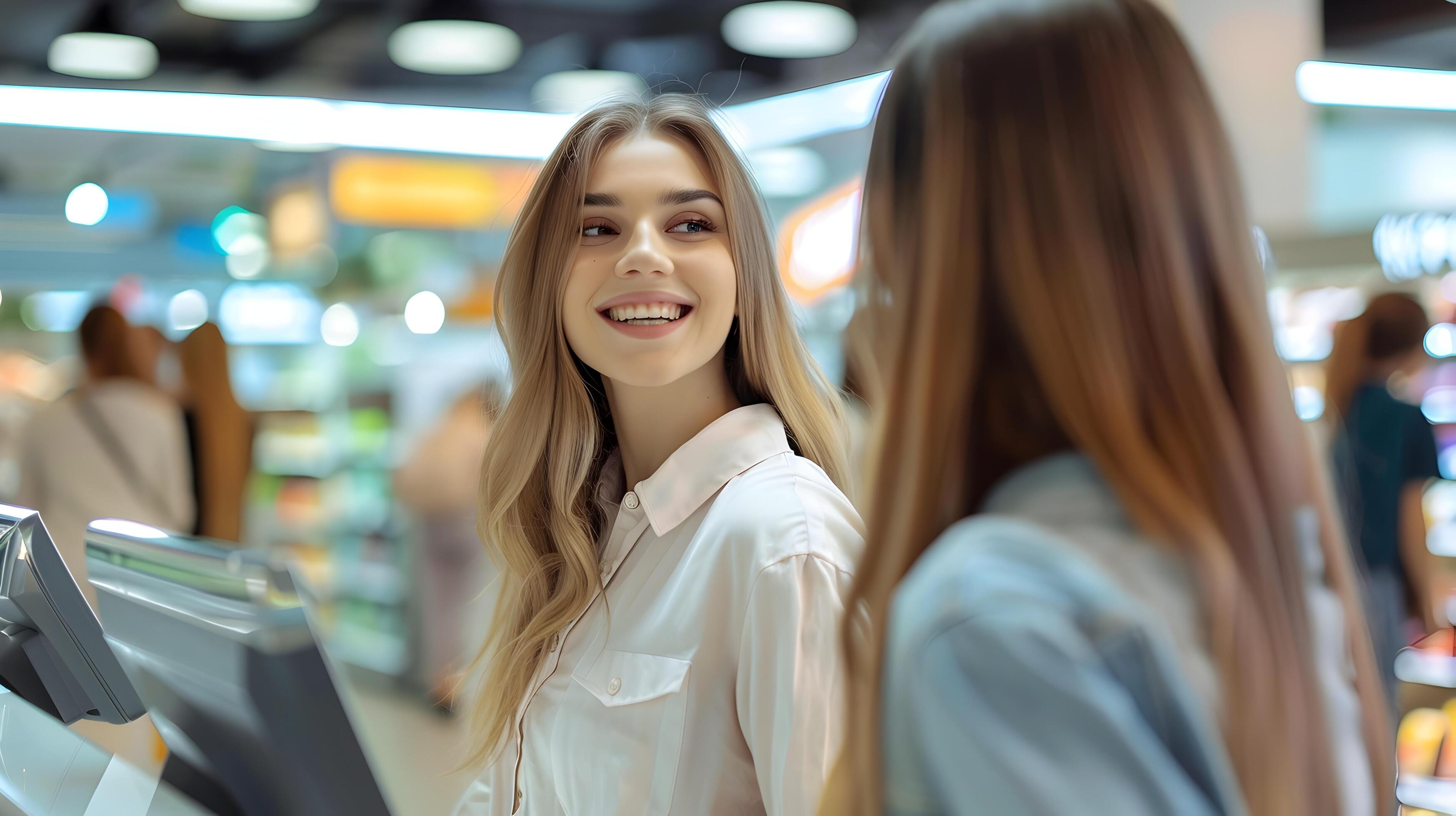 Friendly Female Retail Associate Assisting Customer with Purchases in Store Stock Free