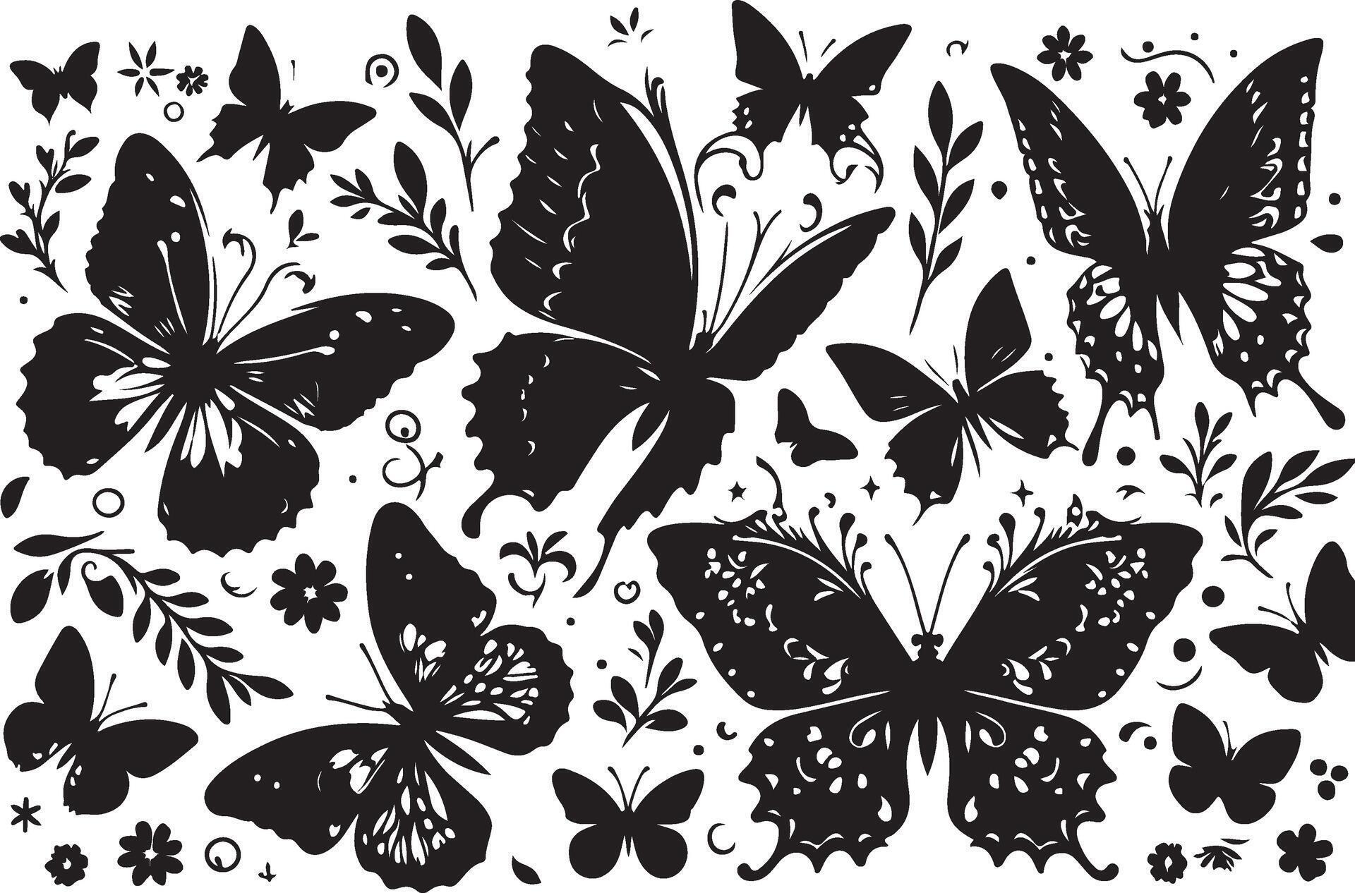 Butterflies and flowers, pattern with butterflies, set of butterflies, Flying butterflies silhouette black set isolated on white background Stock Free