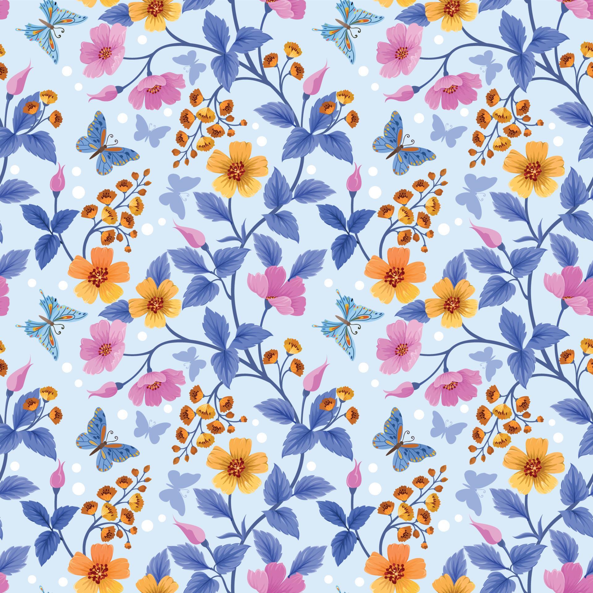 Colorful flowers and butterfly seamless pattern. Stock Free